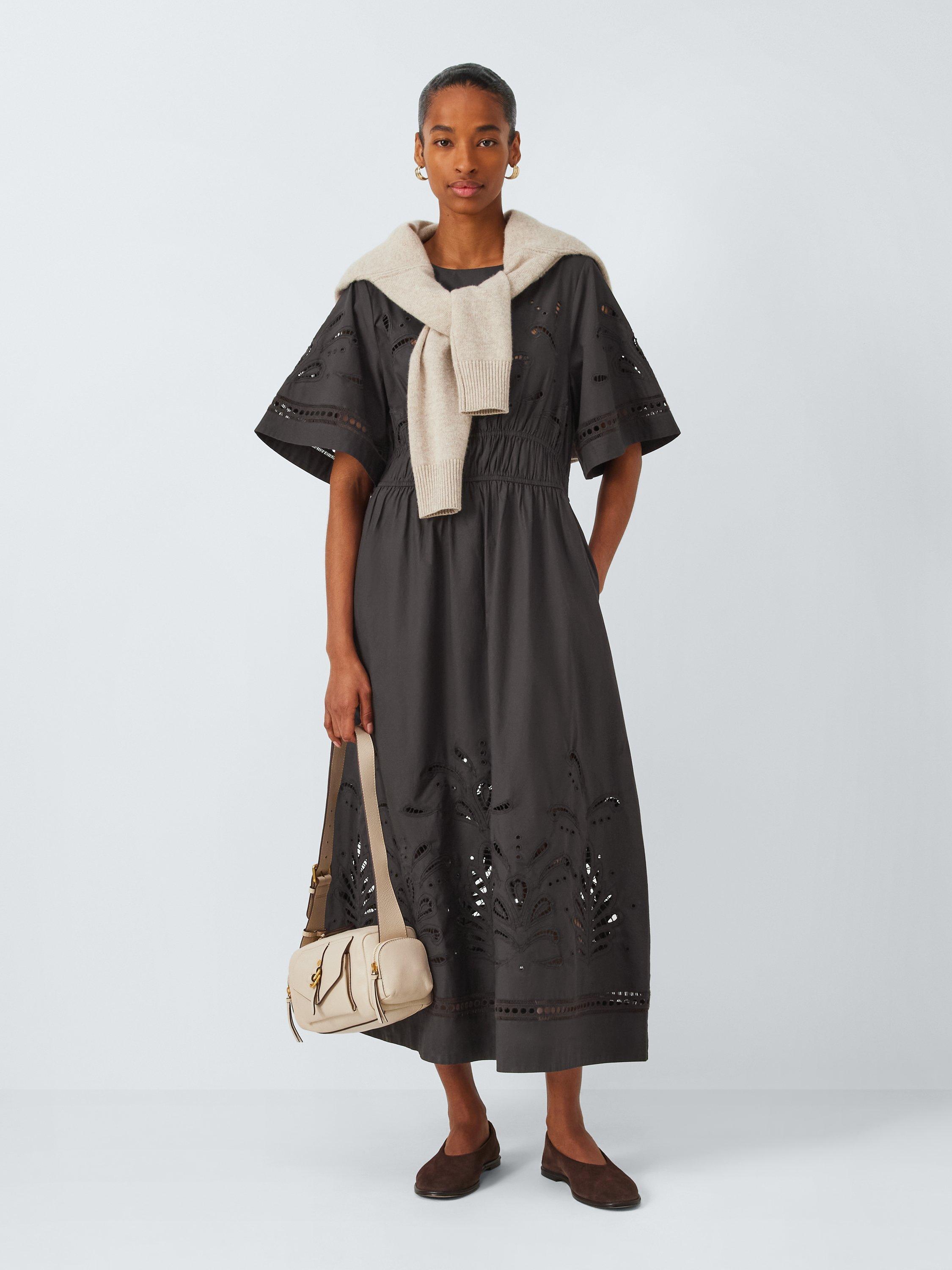 Product image 3 of 6, which shows John Lewis Cutwork Embroidered Pure Cotton Dress, Brown, 14