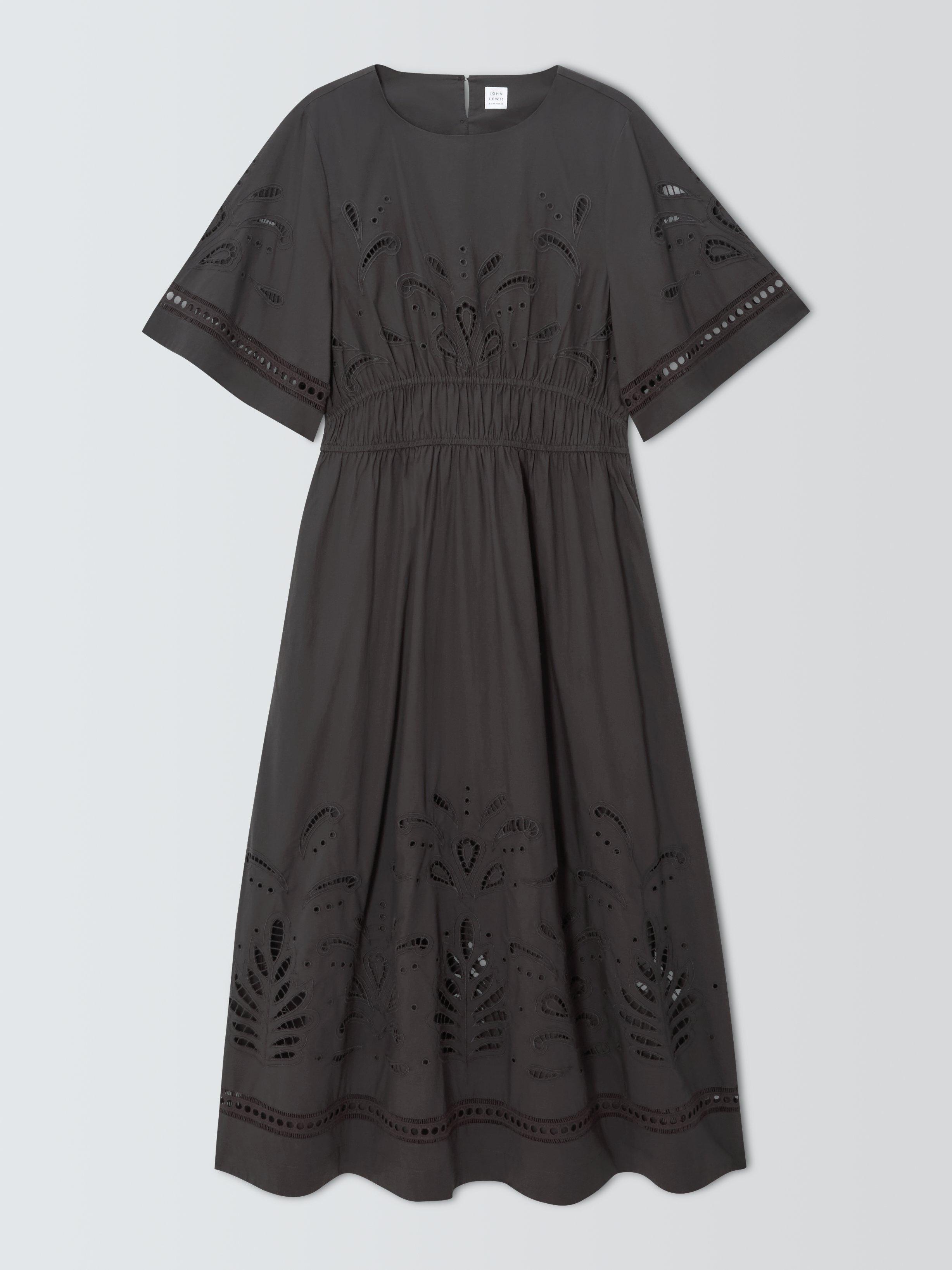 Product image 4 of 6, which shows John Lewis Cutwork Embroidered Pure Cotton Dress, Brown, 14
