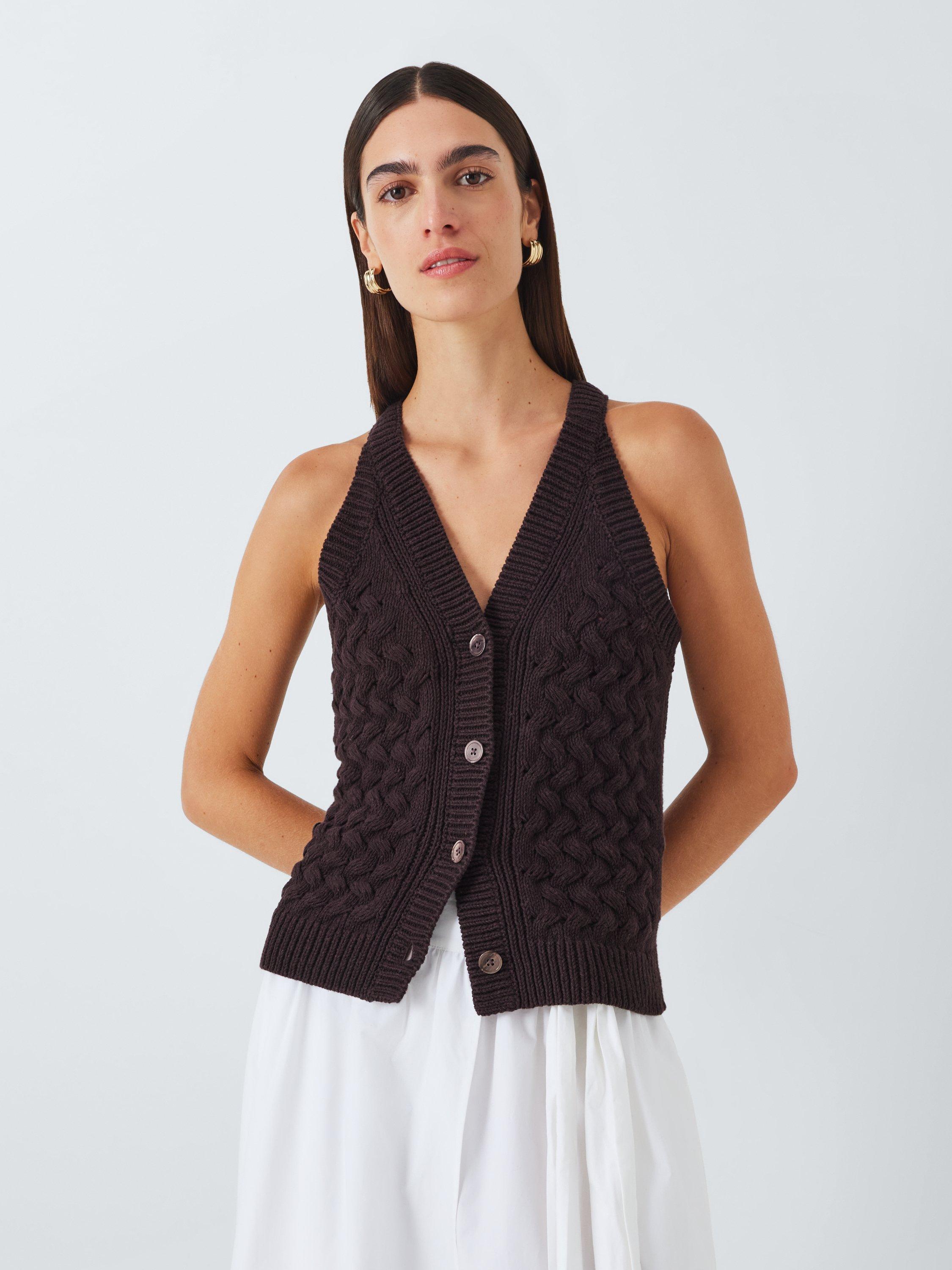 Product image 1 of 6, which shows John Lewis Cotton Linen Blend Textured Knit Waistcoat, Dark Brown, XS