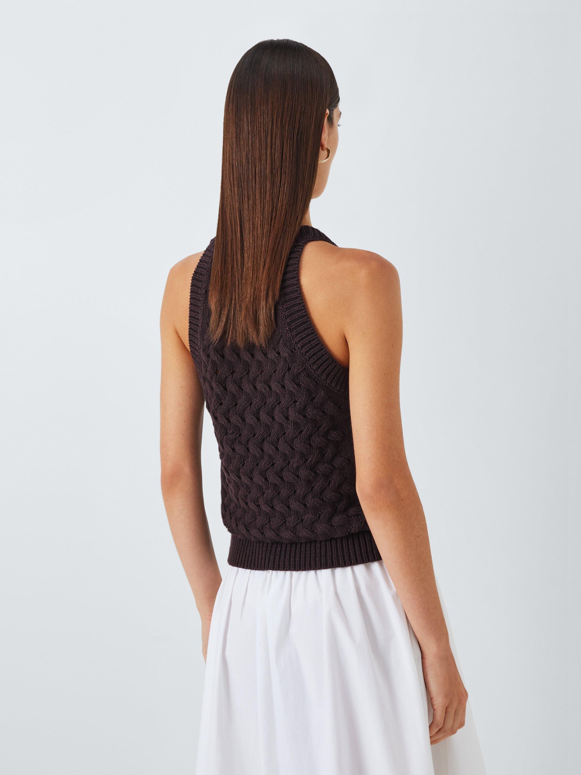 Product image 2 of 6, which shows John Lewis Cotton Linen Blend Textured Knit Waistcoat, Dark Brown, XS