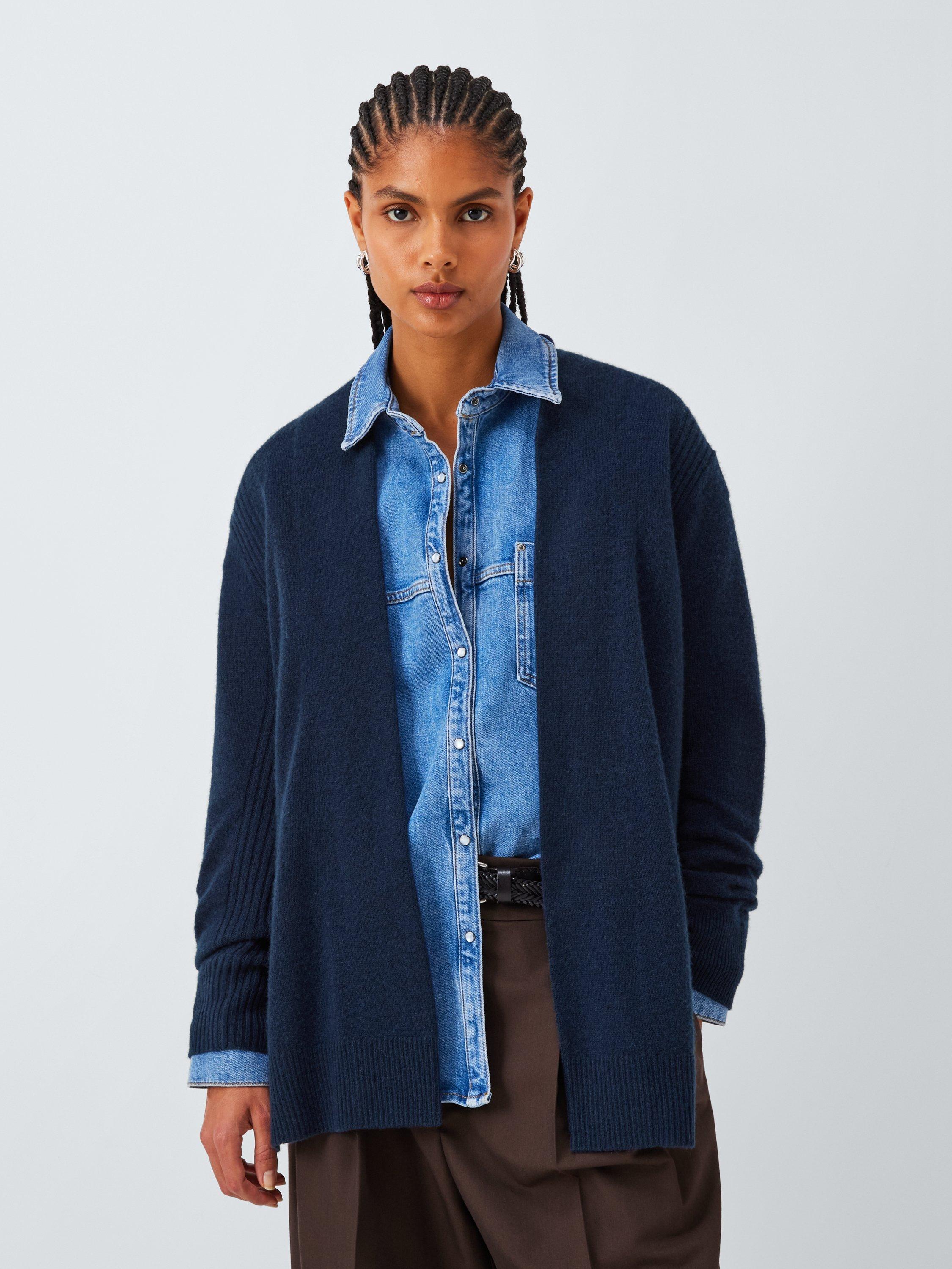John Lewis Cashmere Edge to Edge Rib Cardigan, Navy, XS