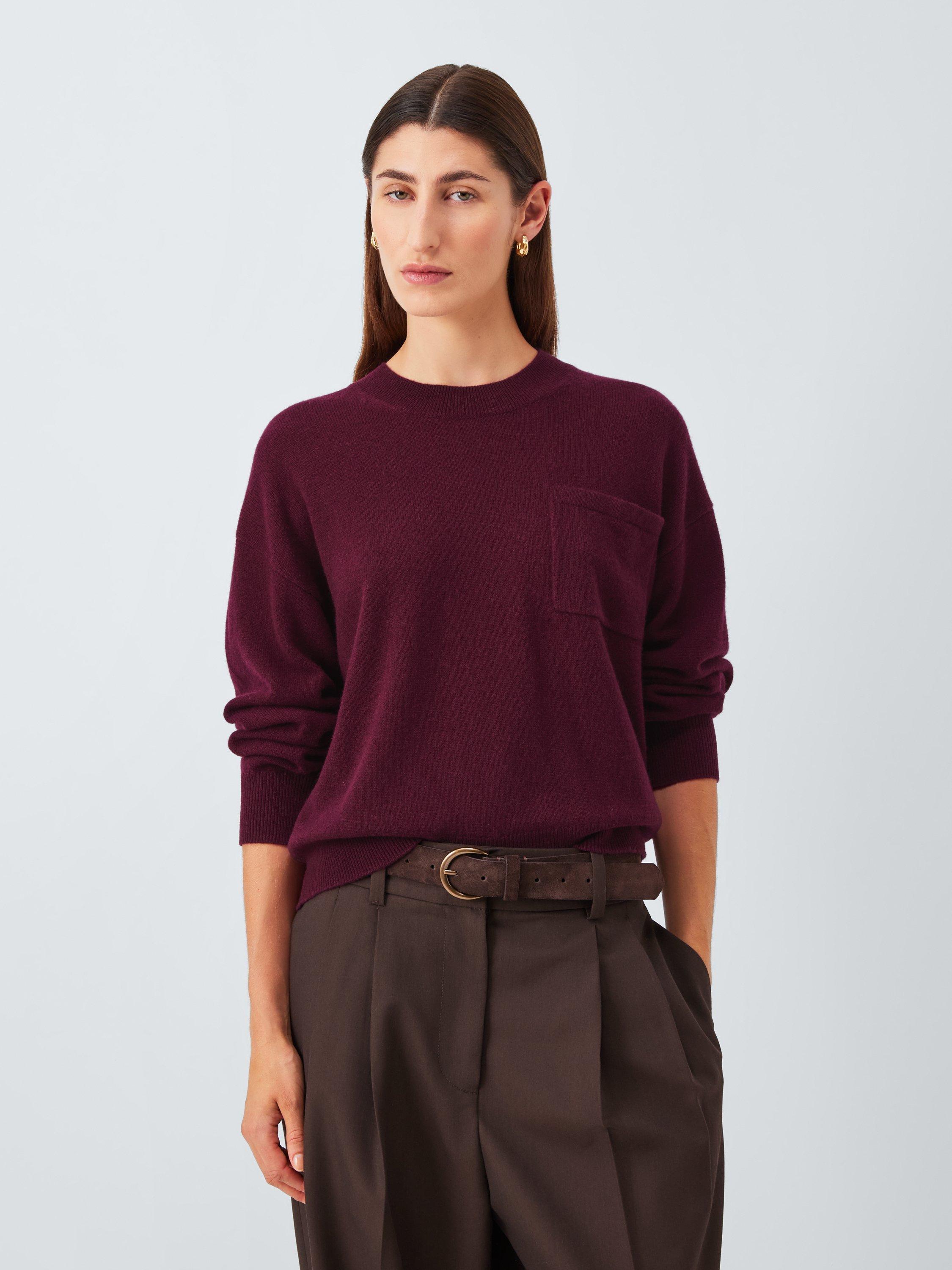 Product image 1 of 7, which shows John Lewis Crew Neck Cashmere Patch Pocket Jumper, Berry, 12