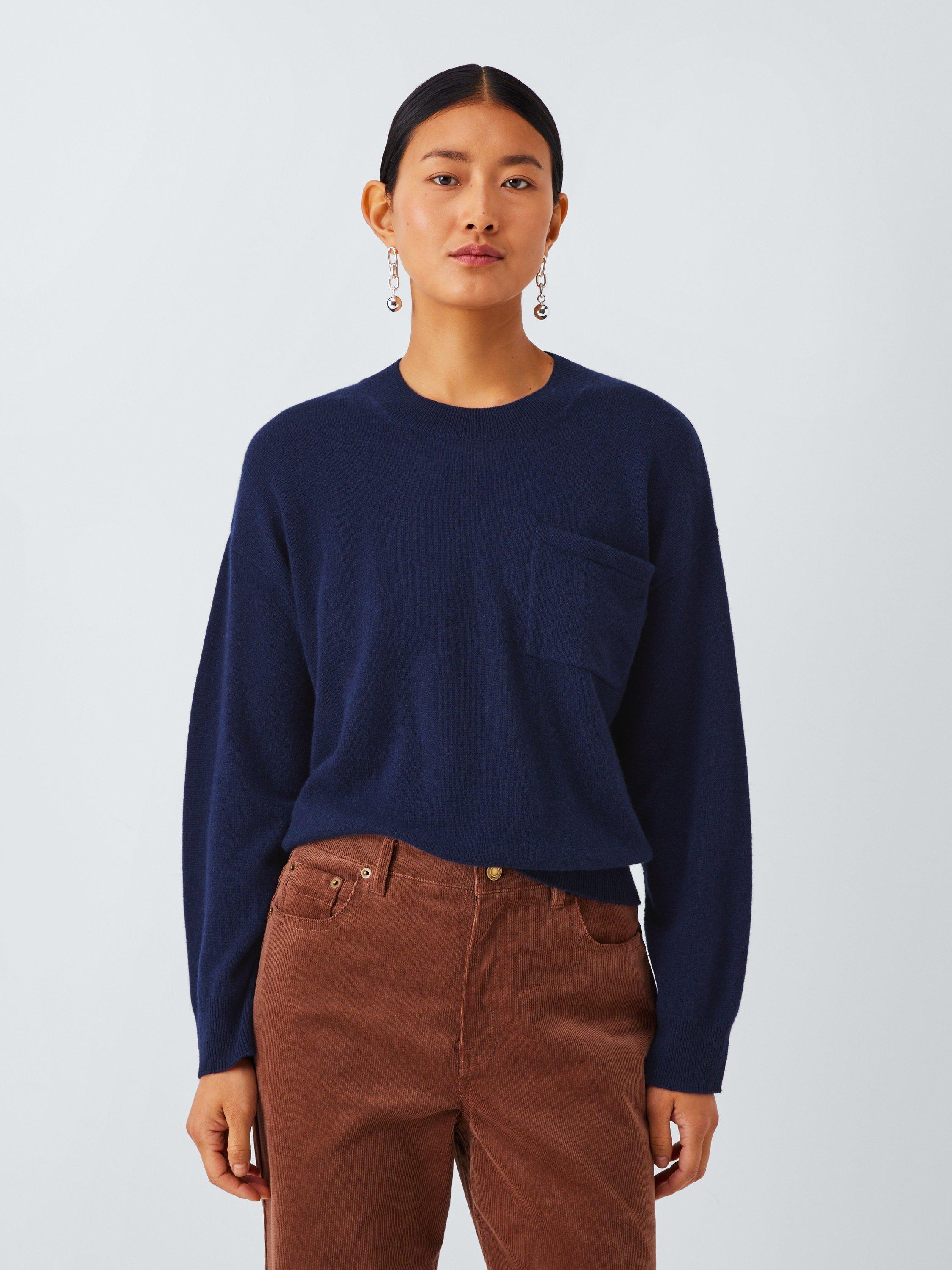 Product image 1 of 7, which shows John Lewis Crew Neck Cashmere Patch Pocket Jumper, Navy, 12