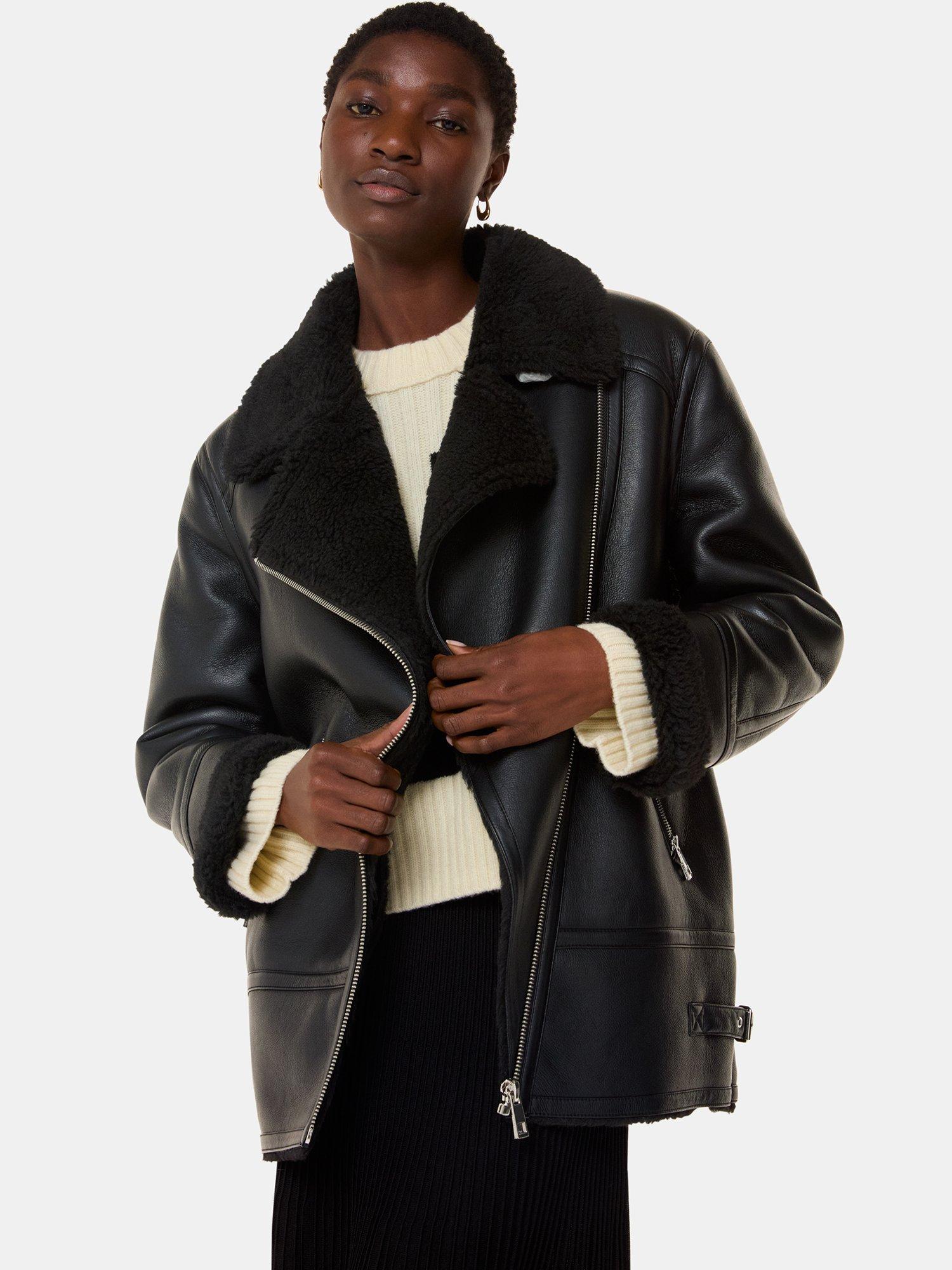 Product image 1 of 5, which shows Whistles Faux Fur Aviator Jacket, Black, XS