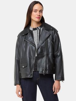Whistles Freja Leather Biker Jacket, Black, Black