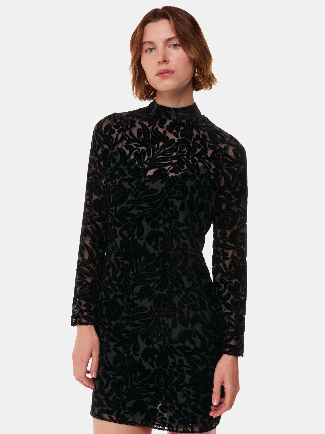 Product image 3 of 6, which shows Whistles Hot Fix Embellished Floral Velvet Burnout Mini Dress, Black, 6