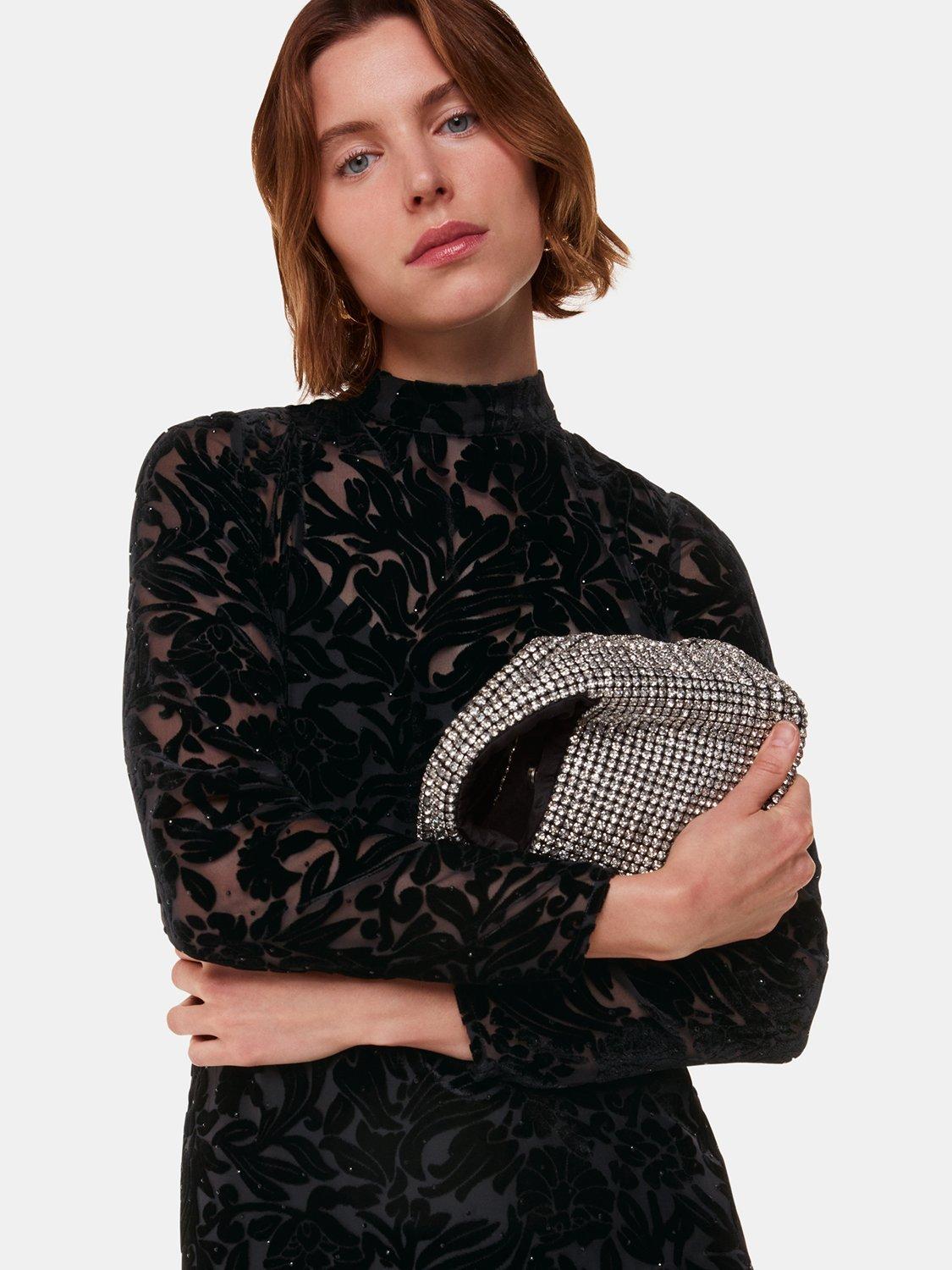 Product image 5 of 6, which shows Whistles Hot Fix Embellished Floral Velvet Burnout Mini Dress, Black, 6