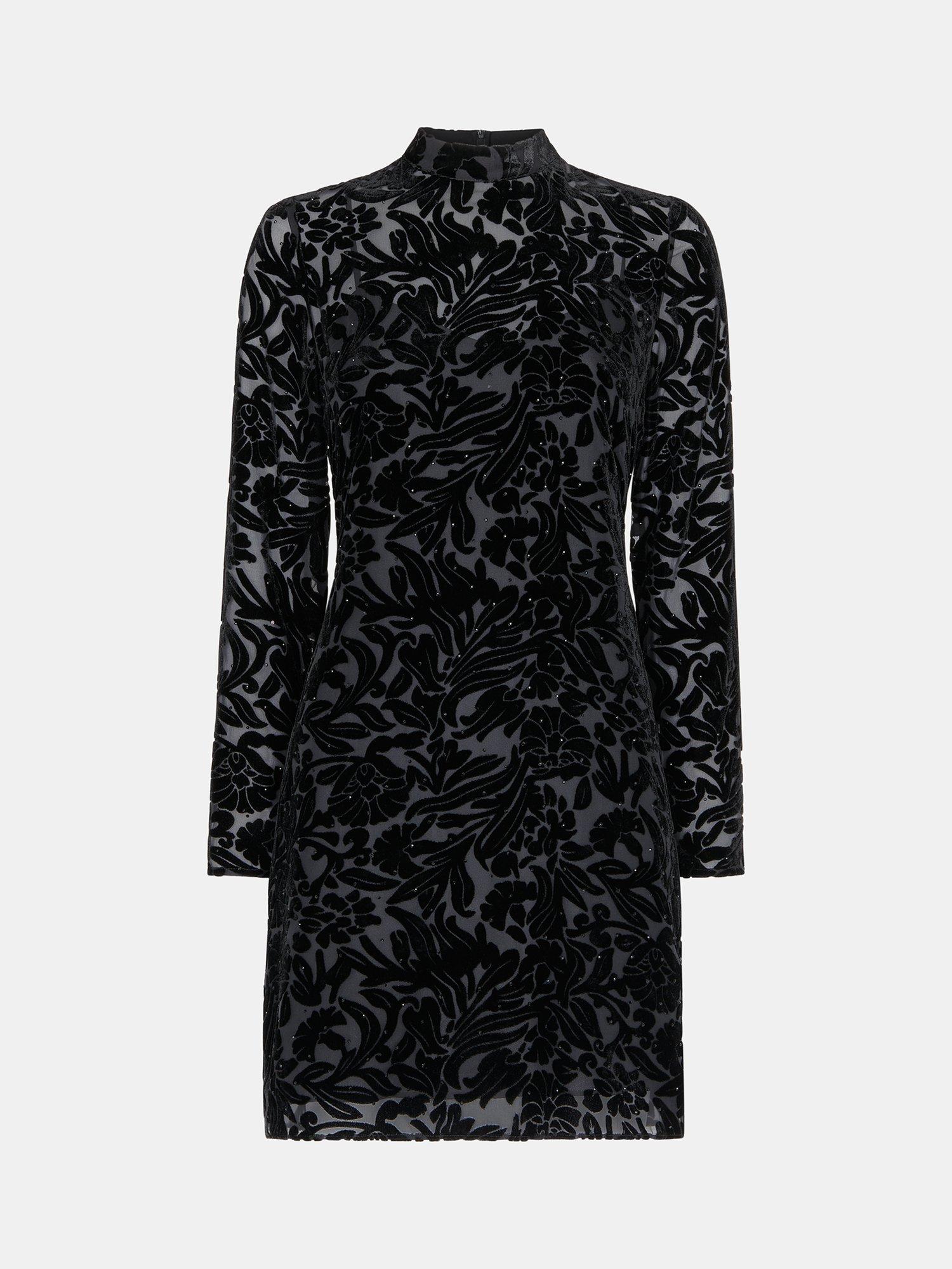 Product image 6 of 6, which shows Whistles Hot Fix Embellished Floral Velvet Burnout Mini Dress, Black, 6