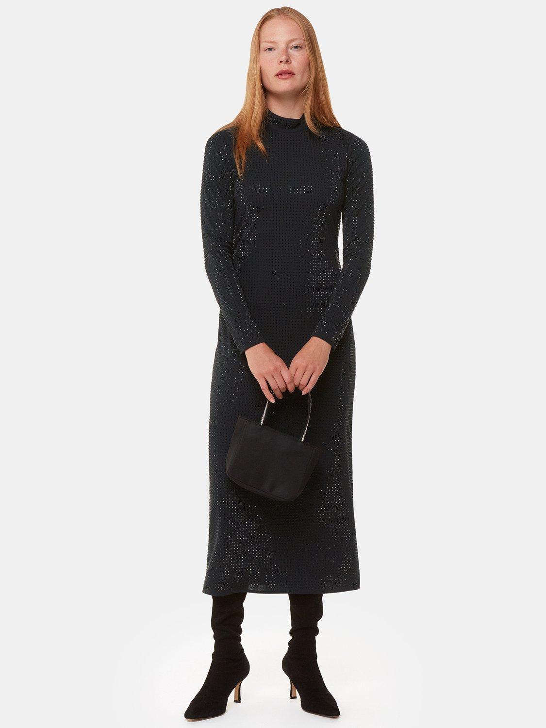 Product image 3 of 6, which shows Whistles Hot Fix Embellished Jersey Midi Dress, Black, 6