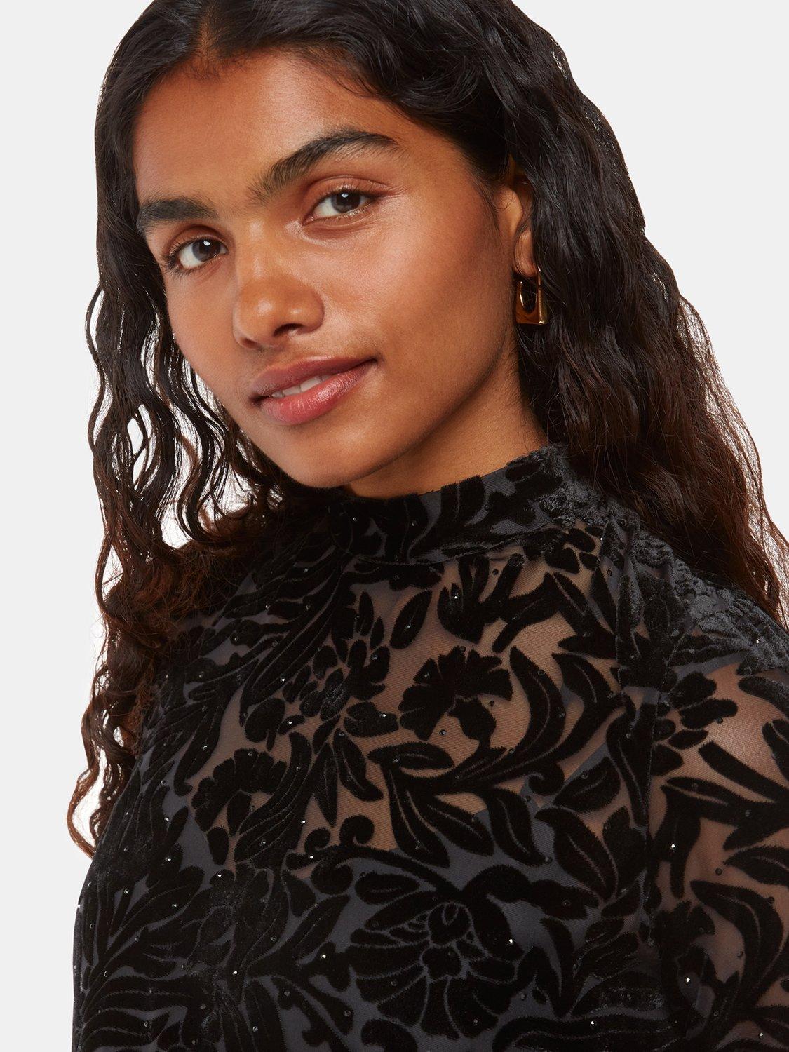 Product image 3 of 4, which shows Whistles Petite Hot Fix Embellished Floral Velvet Burnout Mini Dress, Black, 6