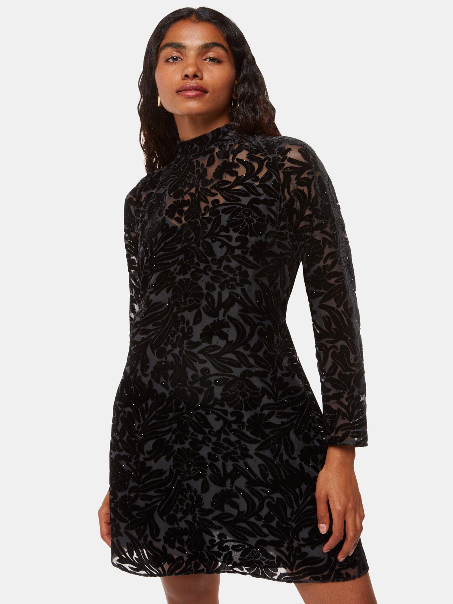 Product image 4 of 4, which shows Whistles Petite Hot Fix Embellished Floral Velvet Burnout Mini Dress, Black, 6
