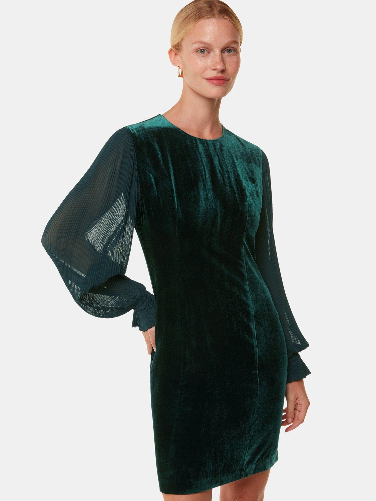 Product image 1 of 5, which shows Whistles Velvet Sheer Pleated Sleeve Mini Dress, Dark Green, 12