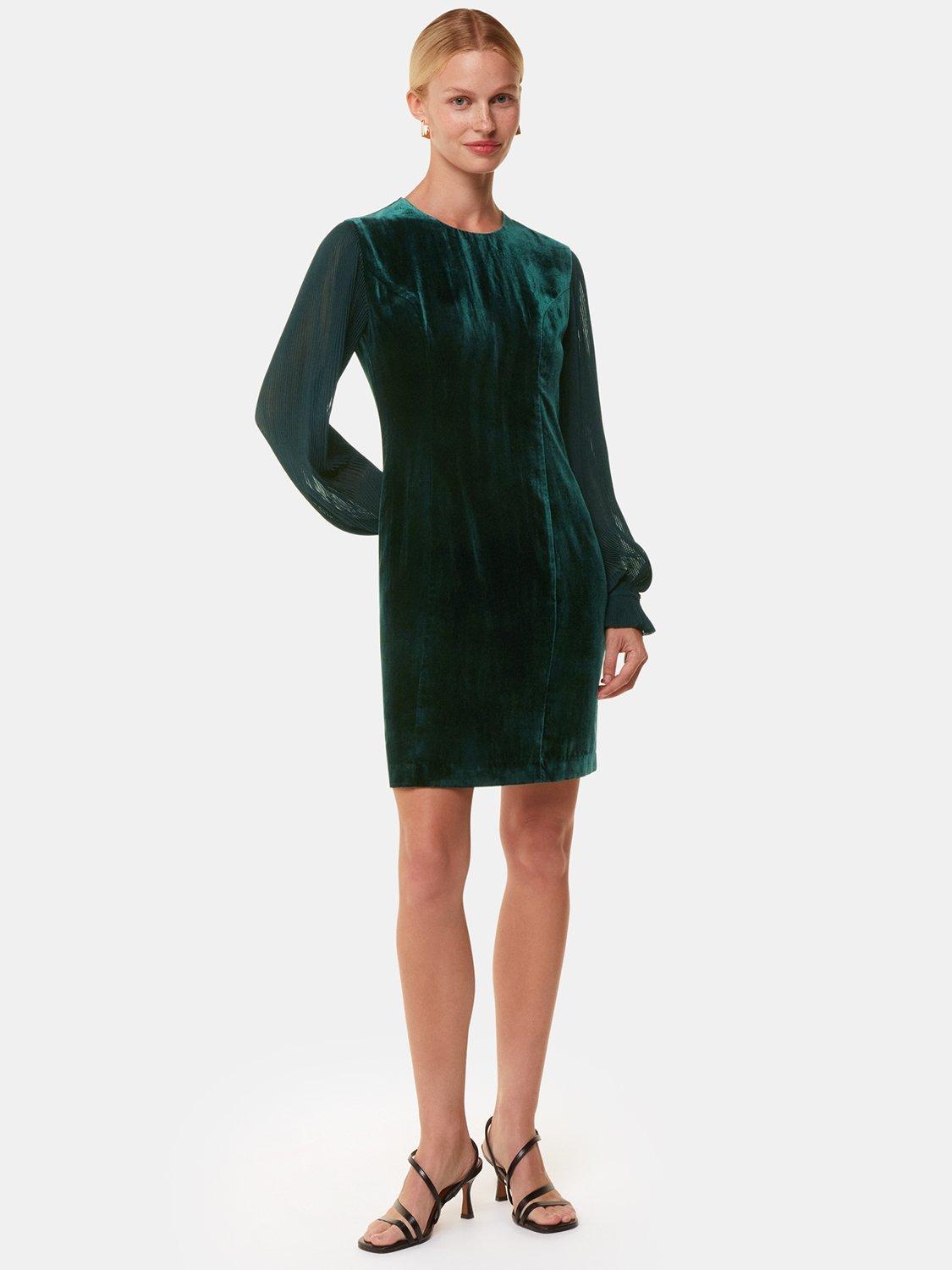 Product image 3 of 5, which shows Whistles Velvet Sheer Pleated Sleeve Mini Dress, Dark Green, 12