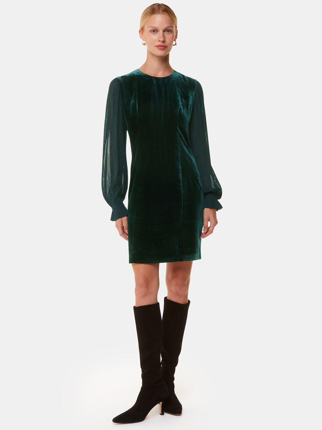 Product image 4 of 5, which shows Whistles Velvet Sheer Pleated Sleeve Mini Dress, Dark Green, 12