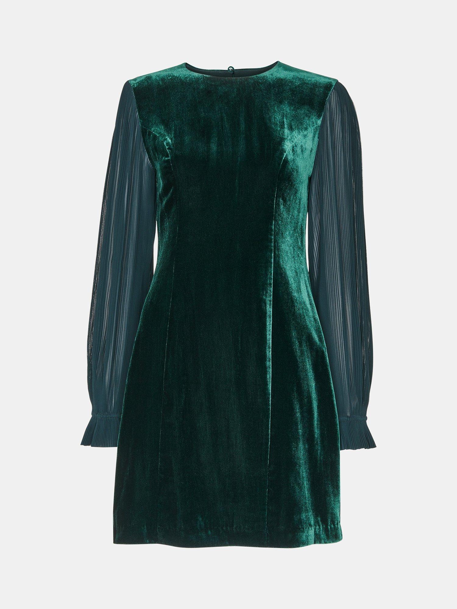 Product image 5 of 5, which shows Whistles Velvet Sheer Pleated Sleeve Mini Dress, Dark Green, 12