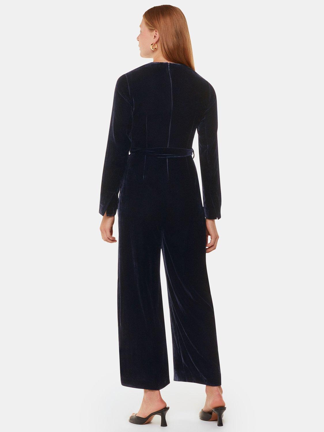 Product image 2 of 5, which shows Whistles Elora Velvet Jumpsuit, Navy, 6