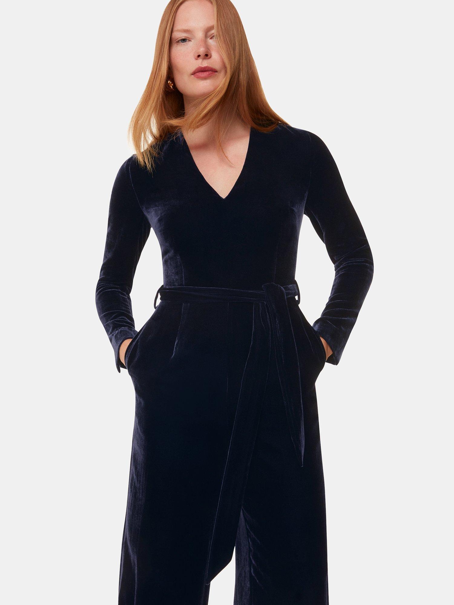 Product image 4 of 5, which shows Whistles Elora Velvet Jumpsuit, Navy, 6