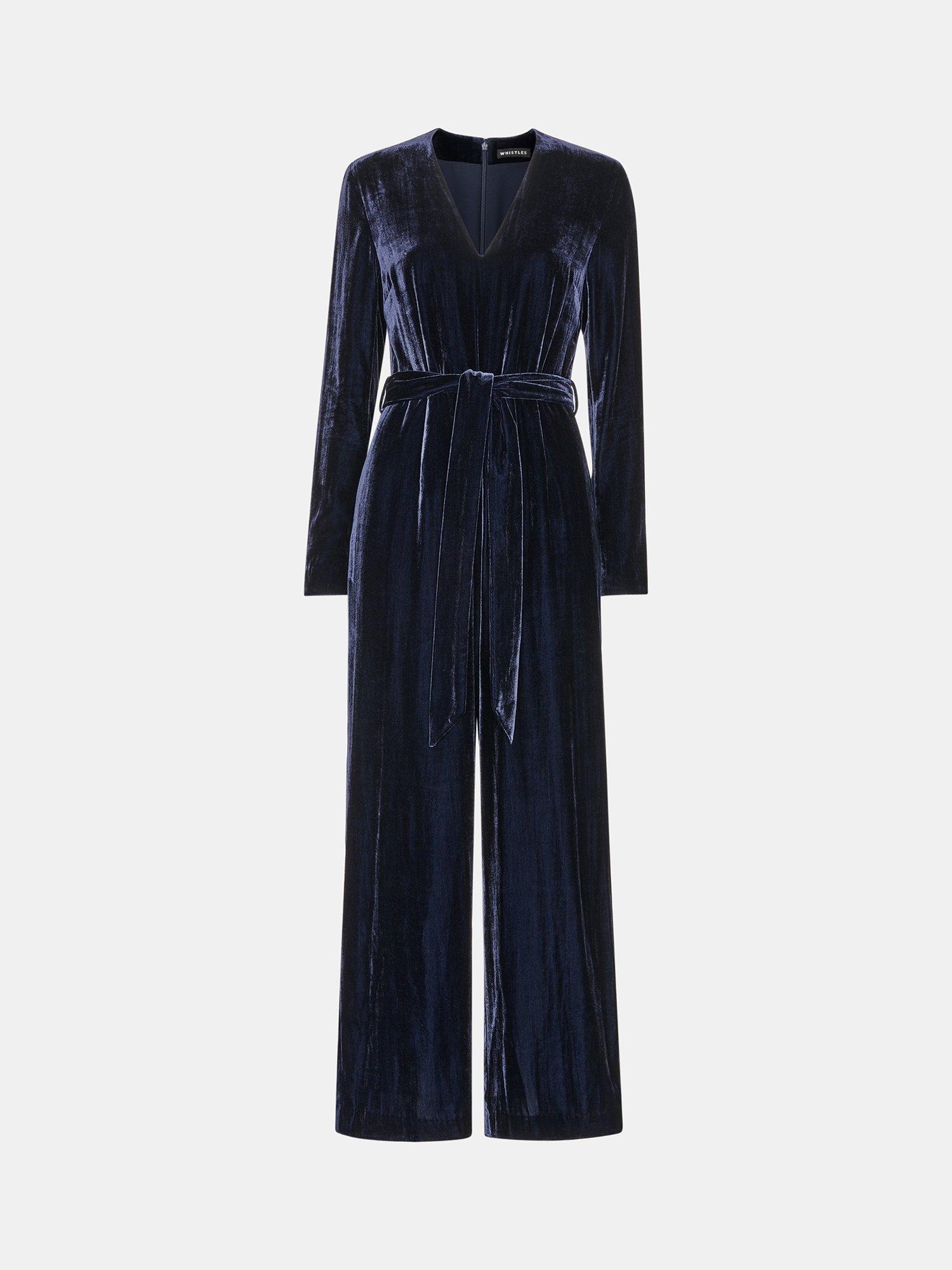 Product image 5 of 5, which shows Whistles Elora Velvet Jumpsuit, Navy, 6
