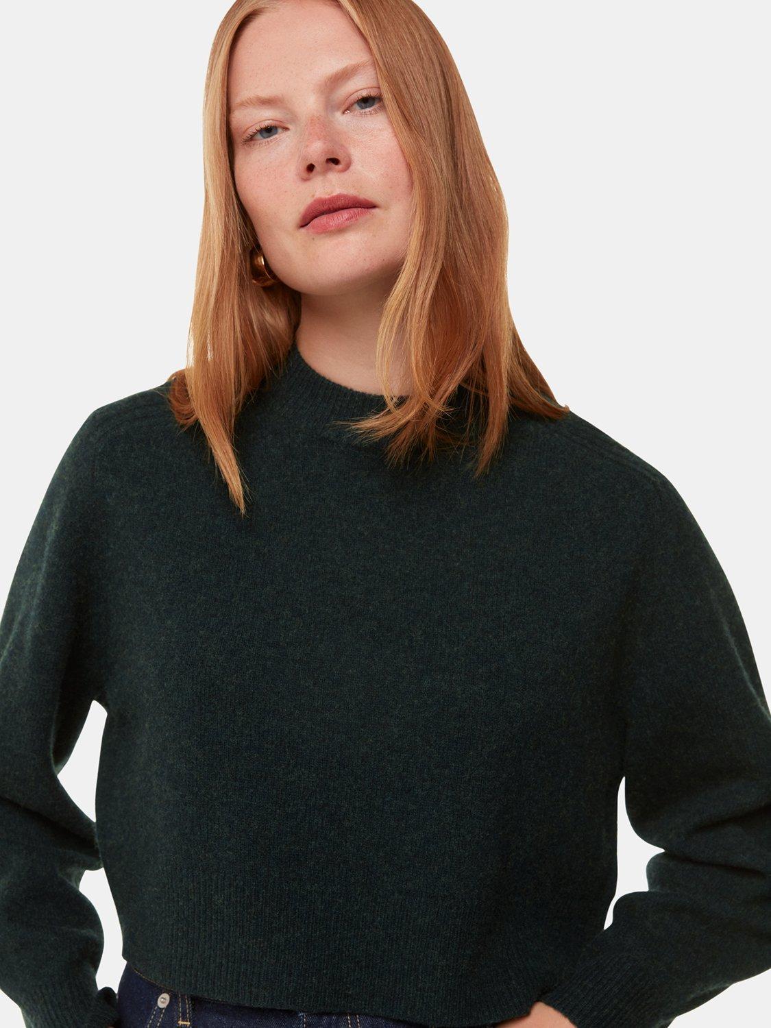 Product image 1 of 5, which shows Whistles Pure Wool Relaxed Crop Jumper, Dark Green, M