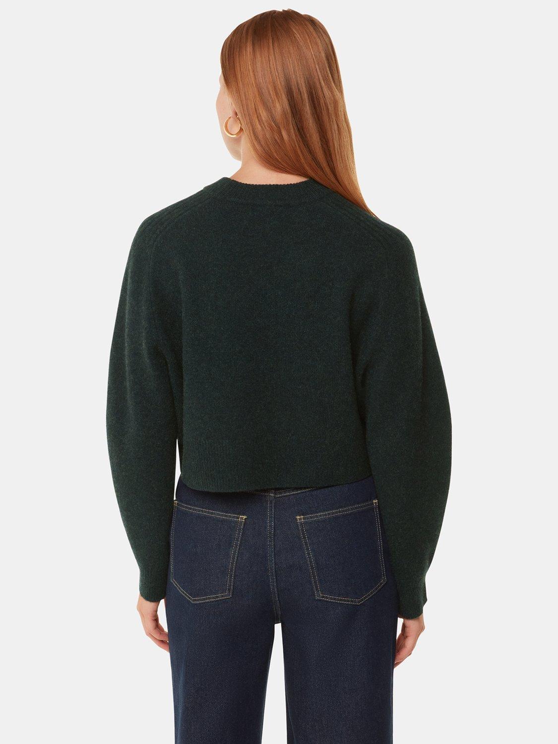 Product image 2 of 5, which shows Whistles Pure Wool Relaxed Crop Jumper, Dark Green, M