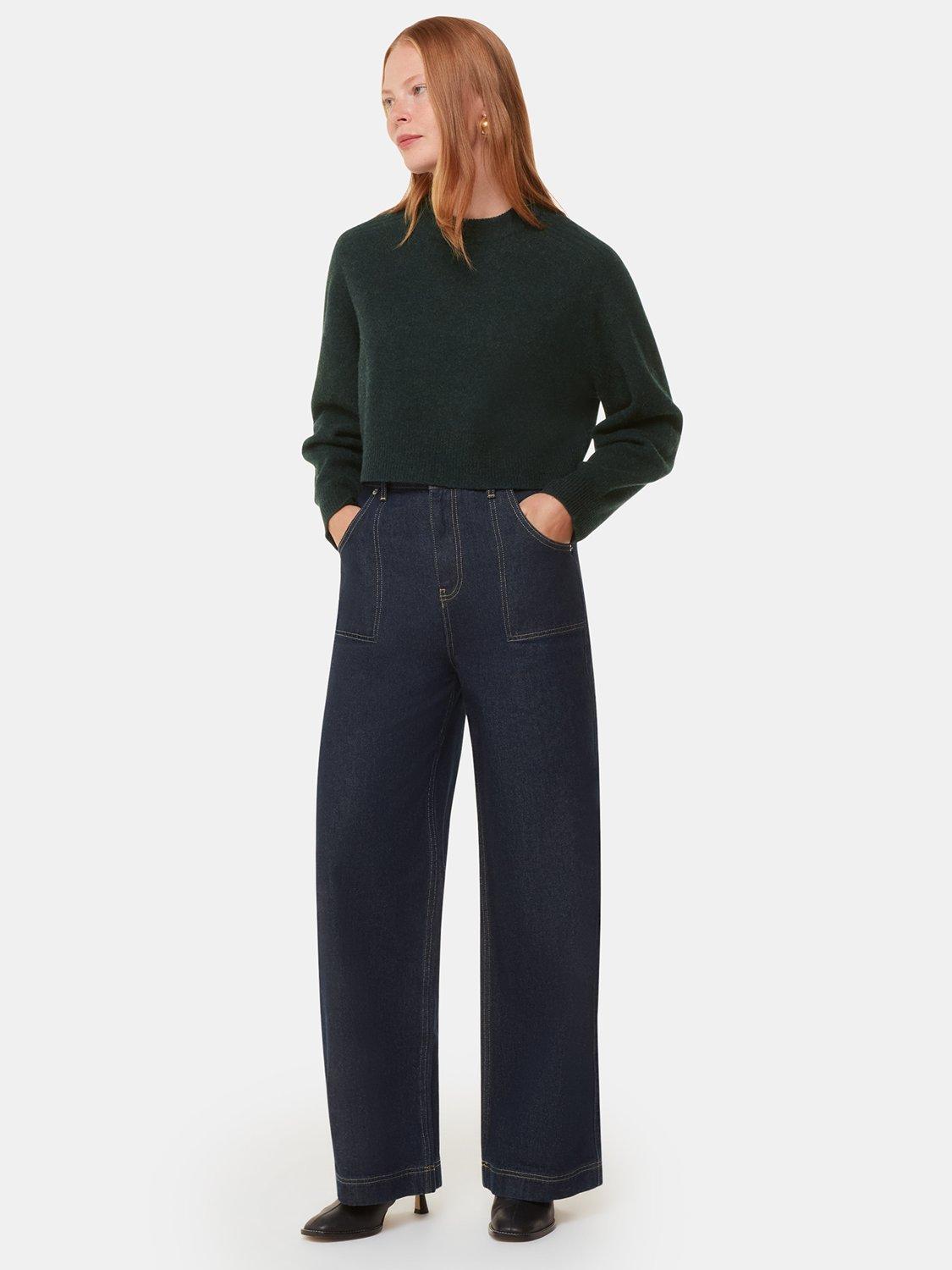 Product image 3 of 5, which shows Whistles Pure Wool Relaxed Crop Jumper, Dark Green, M