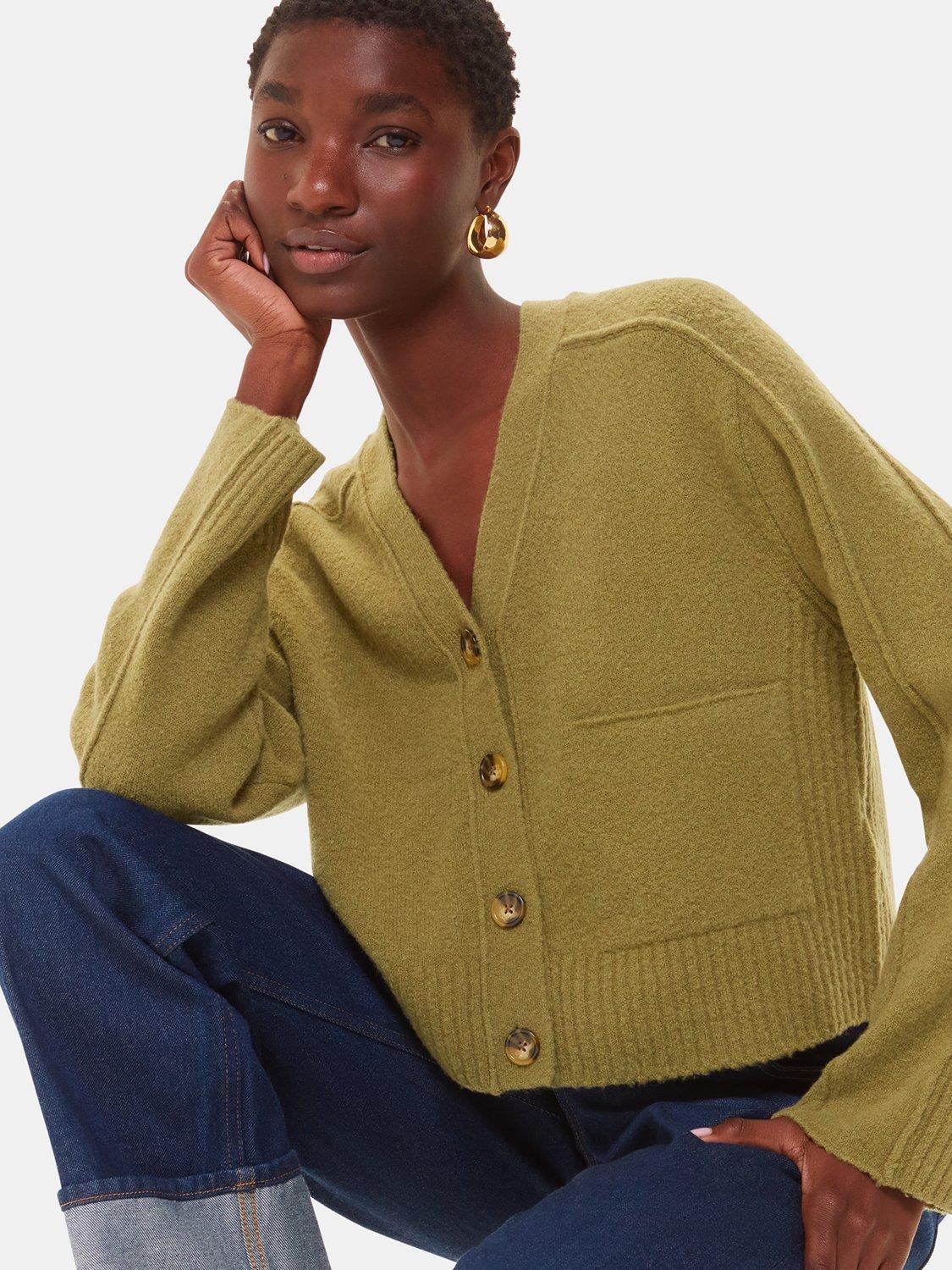 Product image 1 of 5, which shows Whistles Wool Blend Pocket Cardigan, Sage Green, XS