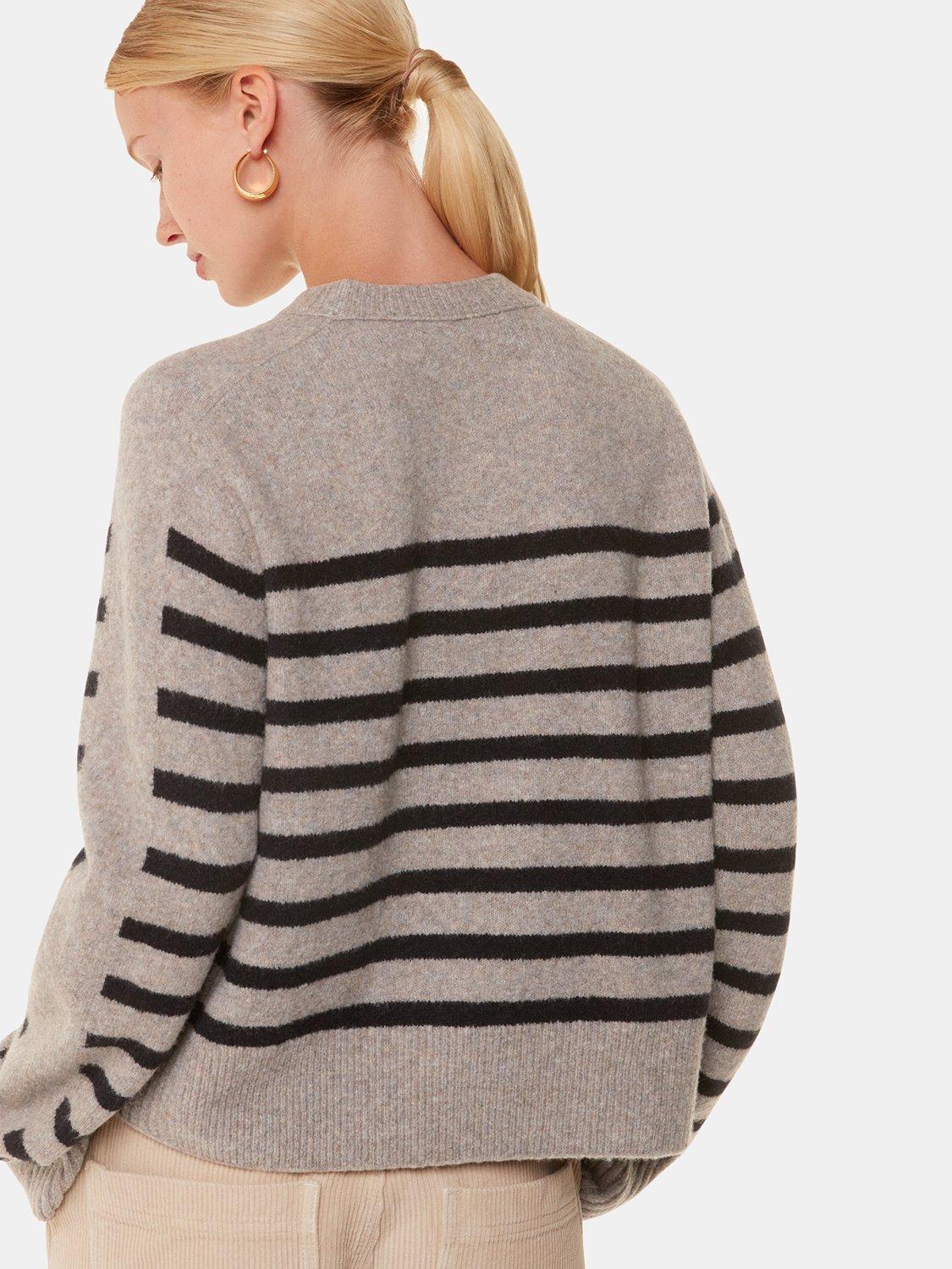 Product image 2 of 5, which shows Whistles Wool Blend Stripe Jumper, Taupe/Black, XL