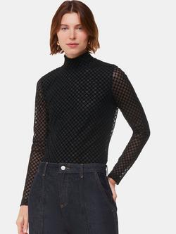 Whistles Checked Flocked Mesh Top, Black, Black
