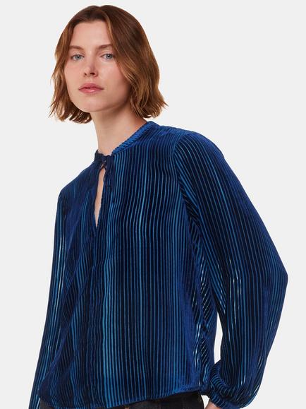 Whistles Devore Stripe Velvet Blouse, Blue, Blue