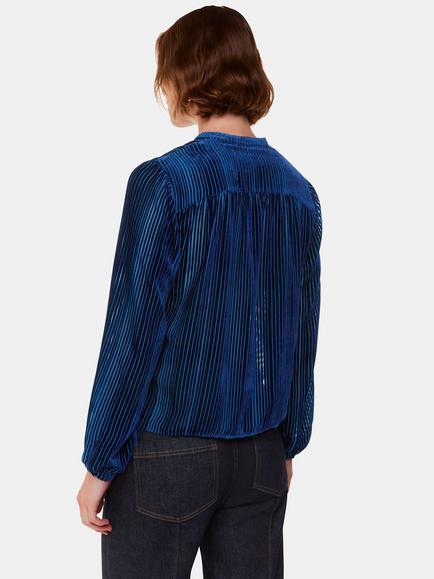 Whistles Devore Stripe Velvet Blouse, Blue - view 2, Blue