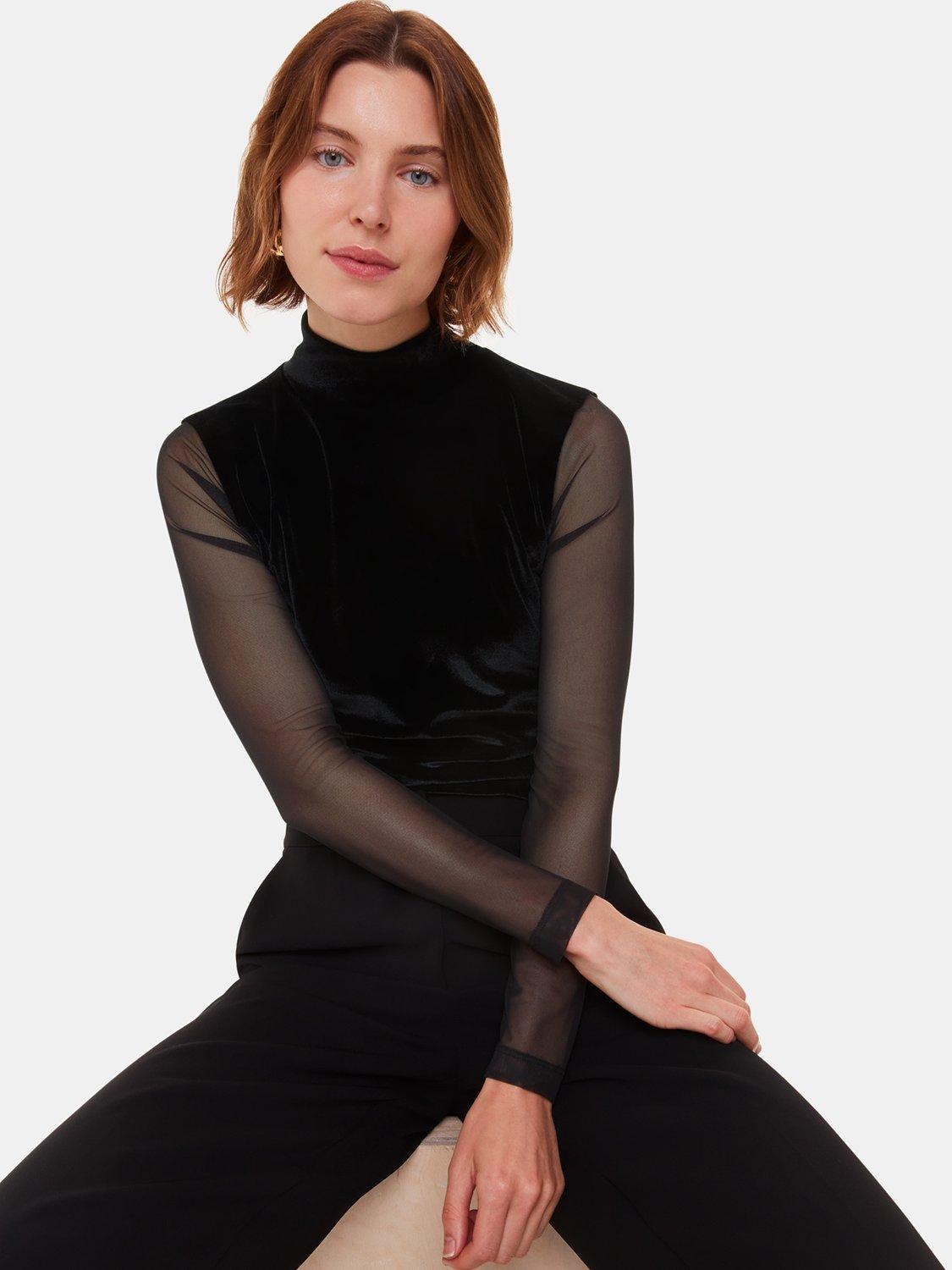 Product image 1 of 6, which shows Whistles Velvet Mesh Sleeve Top, Black, 6
