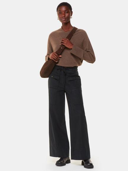 Whistles Charlie Drawstring Waist Wide Leg Cargo Trousers containing TENCEL™ Lyocell, Black, Black