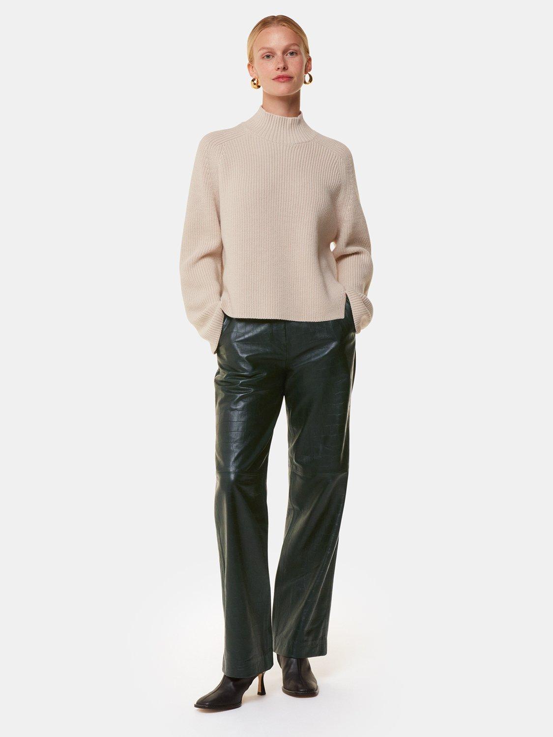 Product image 1 of 5, which shows Whistles Delia Croc Leather Trousers, Dark Green, 6