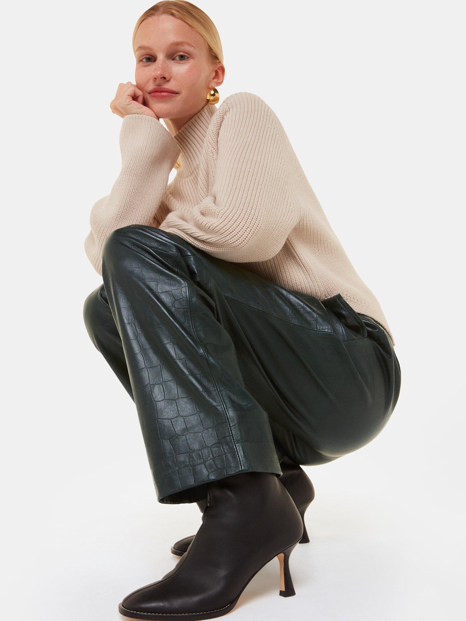 Product image 2 of 5, which shows Whistles Delia Croc Leather Trousers, Dark Green, 6