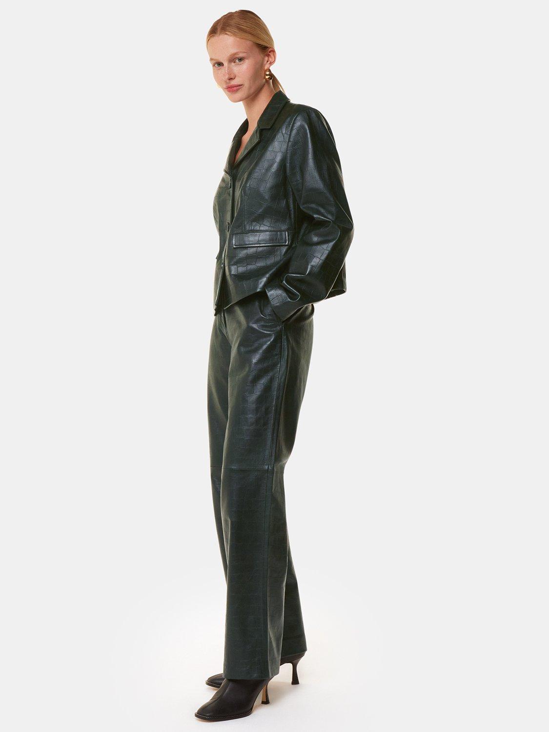 Product image 4 of 5, which shows Whistles Delia Croc Leather Trousers, Dark Green, 6