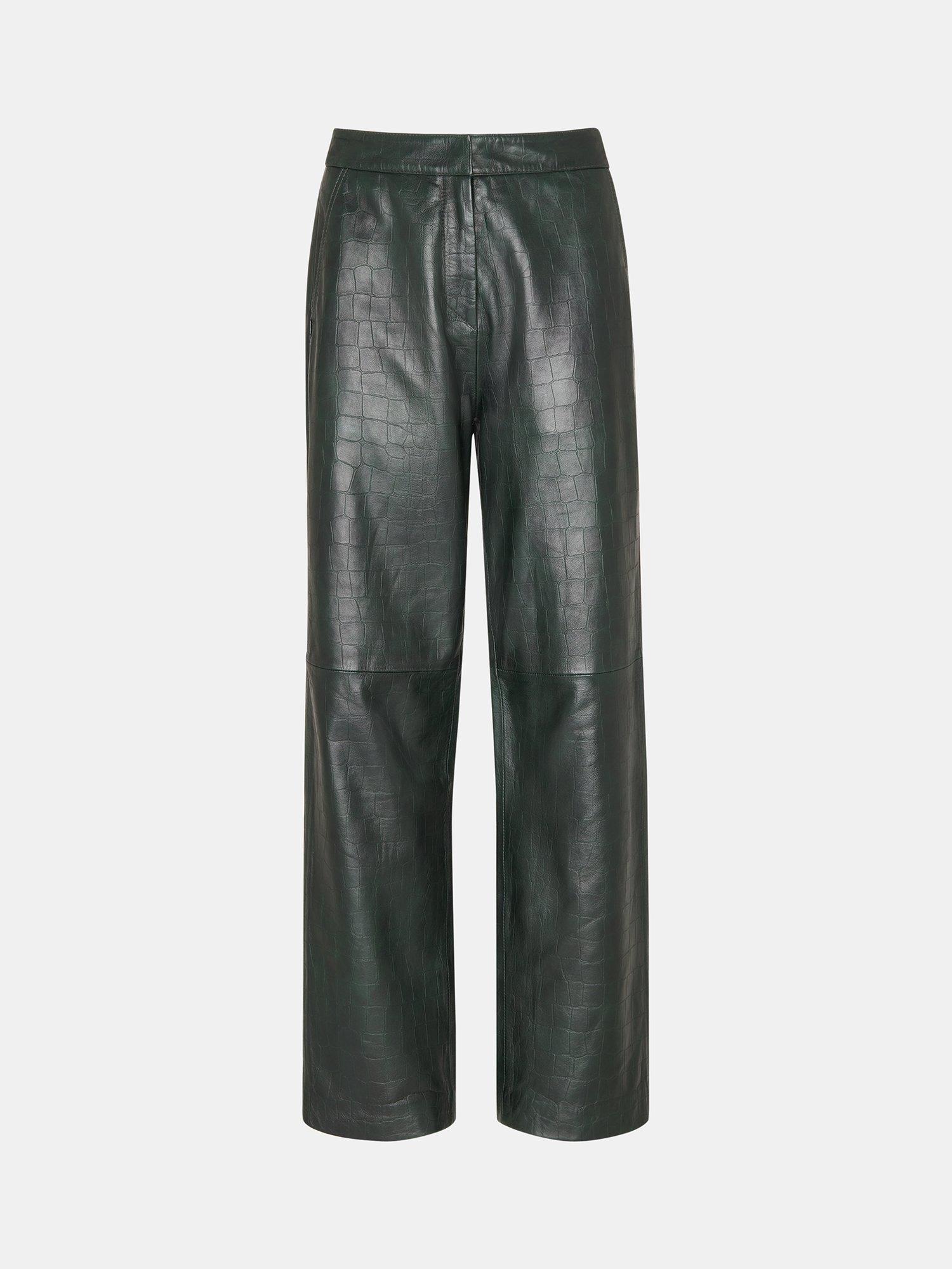 Product image 5 of 5, which shows Whistles Delia Croc Leather Trousers, Dark Green, 6