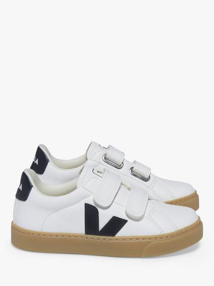 VEJA Kids' Small Esplar Leather Riptape Trainers, White/Black, White/Black