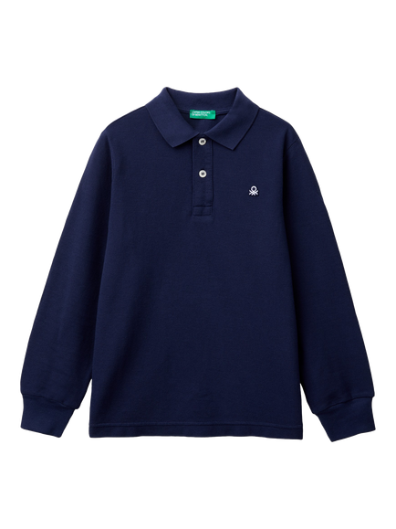 Benetton Kids' Cotton Long Sleeve Polo Shirt, Night Blue