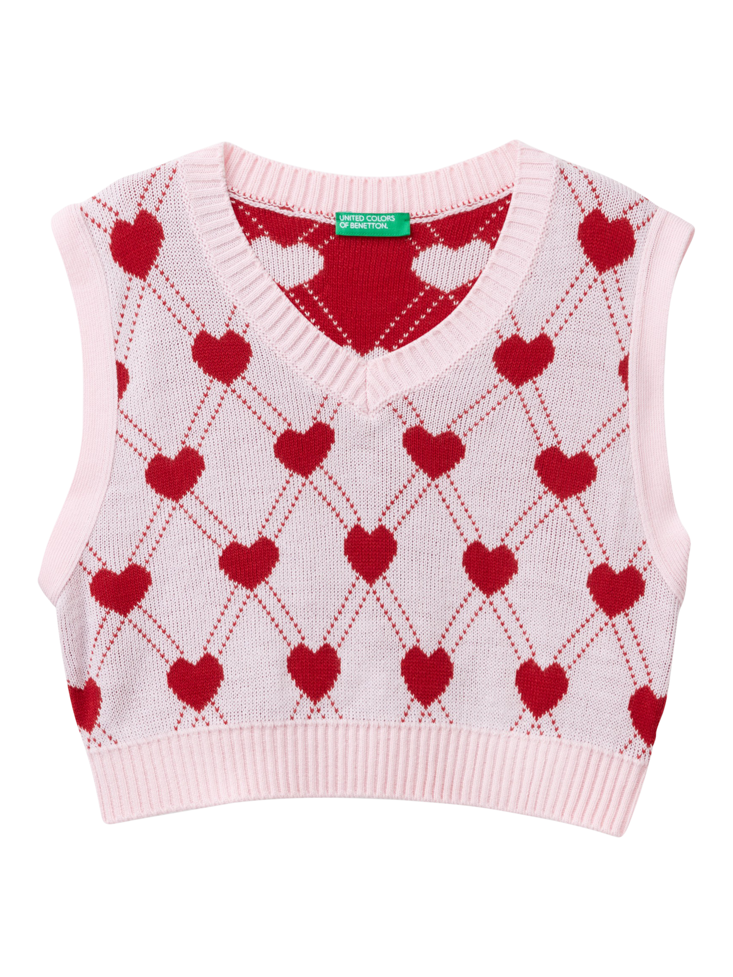 Benetton Kids' Heart Jacquard Knitted Vest, Pink/Red
