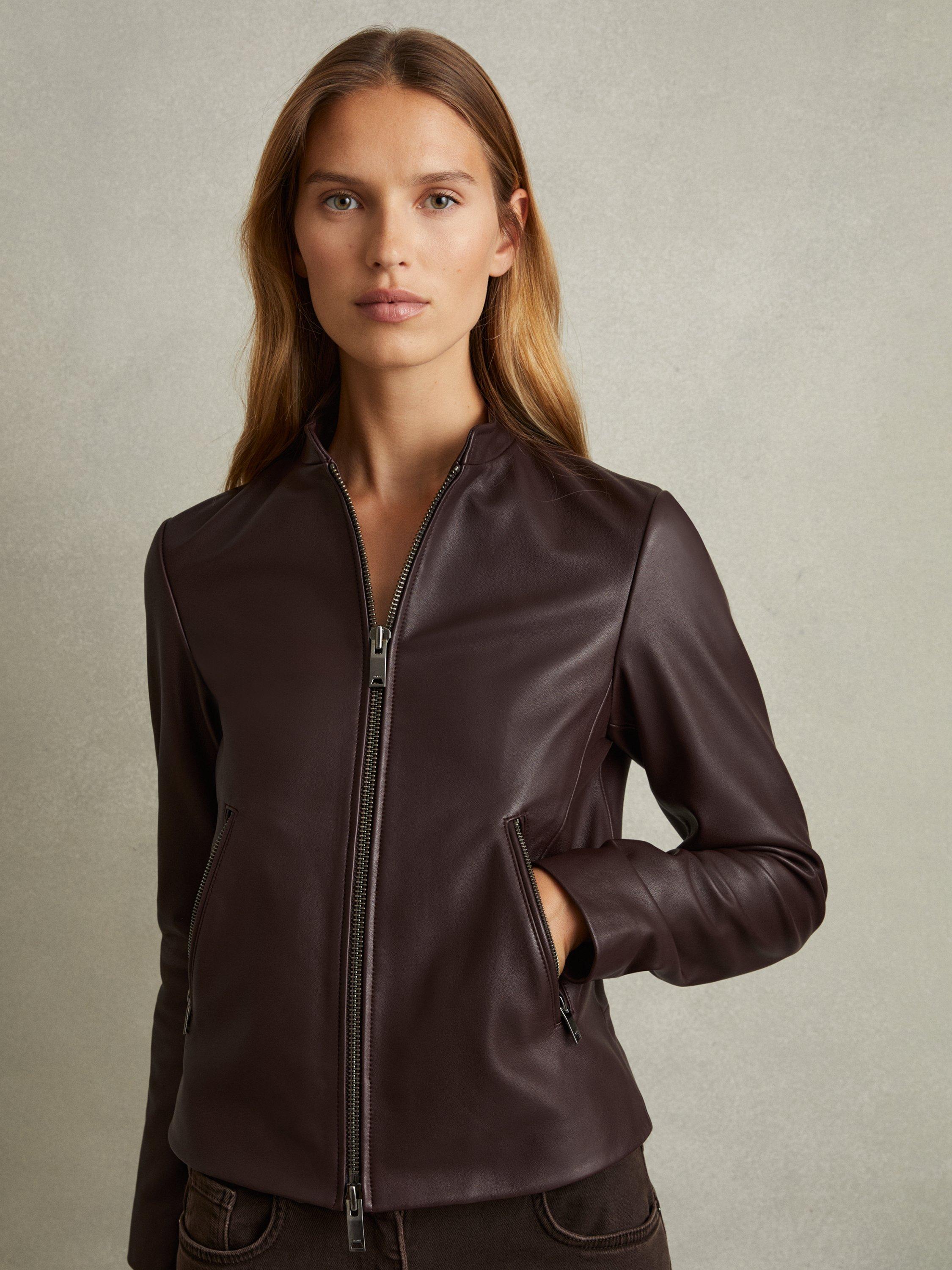 Reiss Allie Collarless Leather Jacket Berry