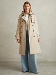 Reiss Azura Double Breasted Removeable Hood Trench Coat, Stone