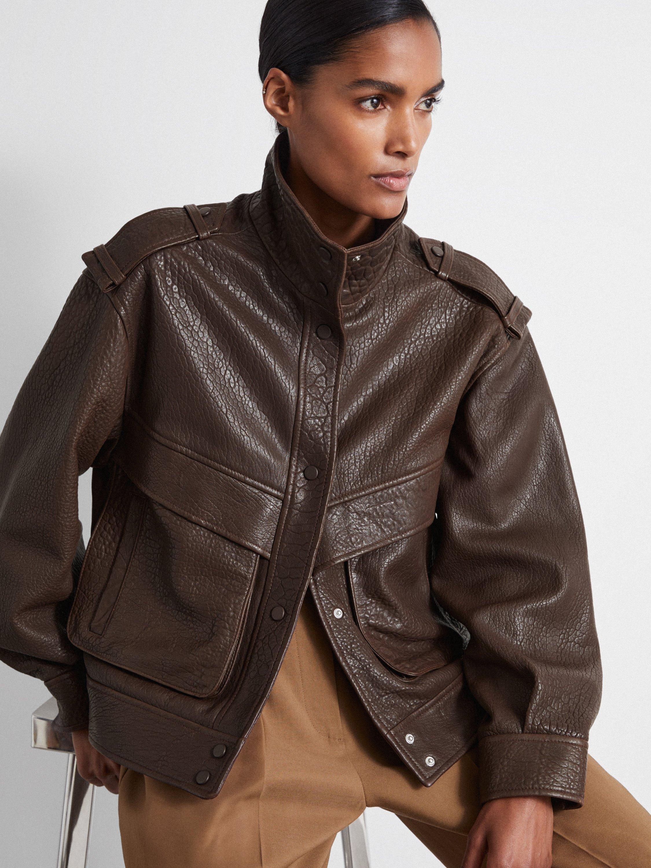 Reiss Cleo Grained Leather Jacket Chocolate