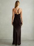 Reiss Paula Plunge Ruched Satin Hybrid Maxi Dress, Chocolate