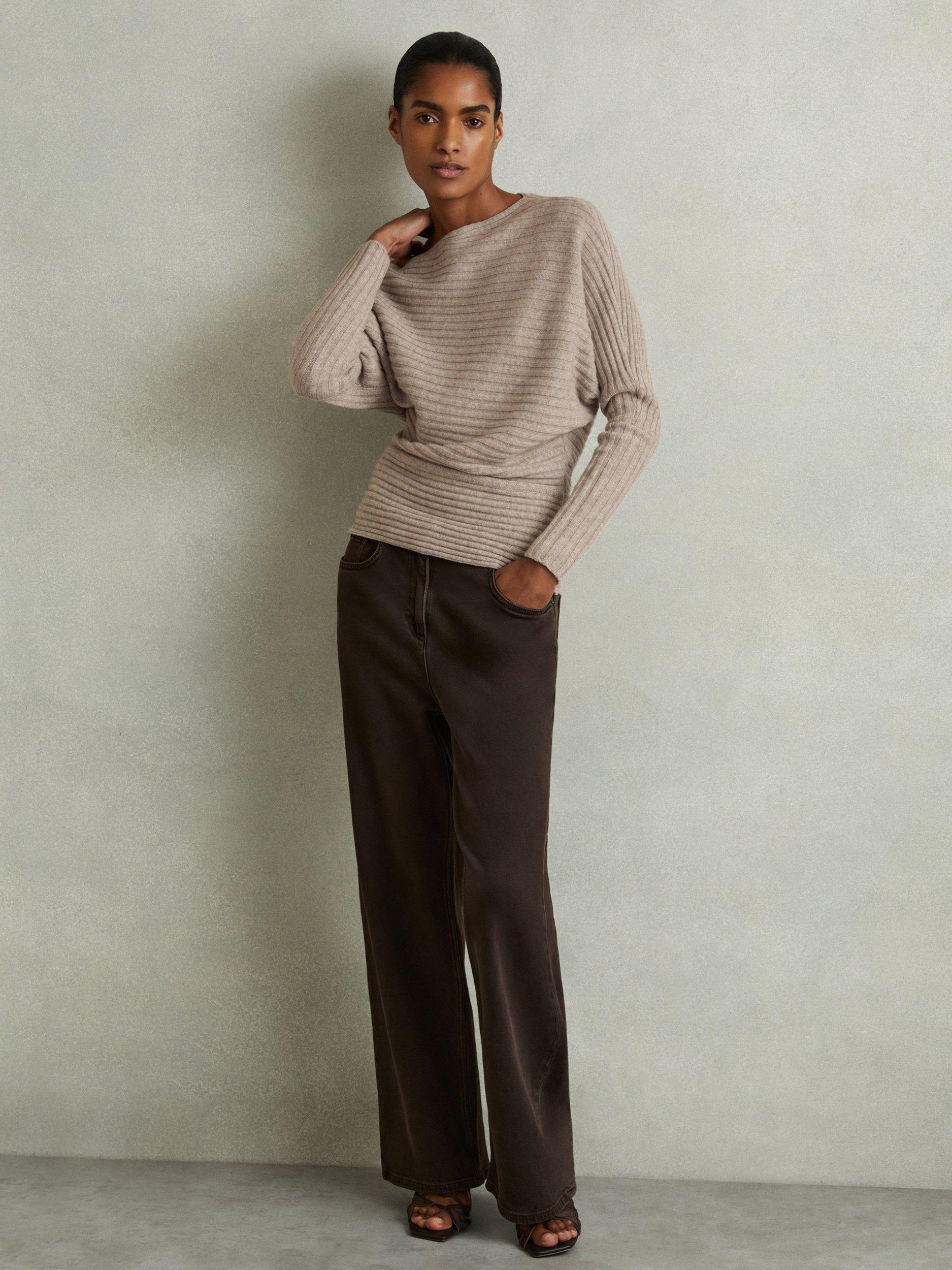 Reiss Nelly Wool Cashmere Off-The-Shoulder Draped Ribbed Jumper, Neutral
