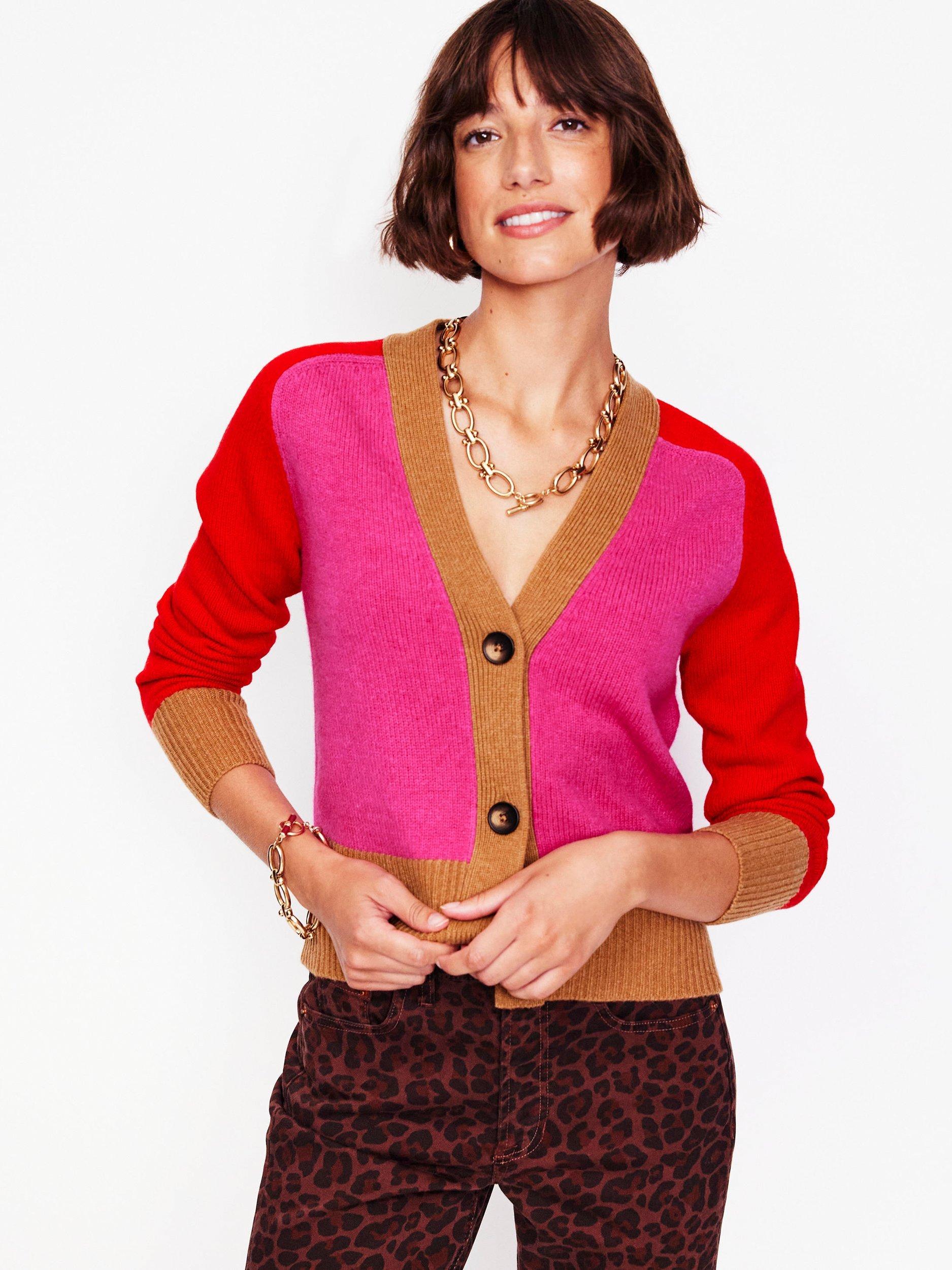 Boden Olivia Merino Wool Cardigan, Pink/Multi