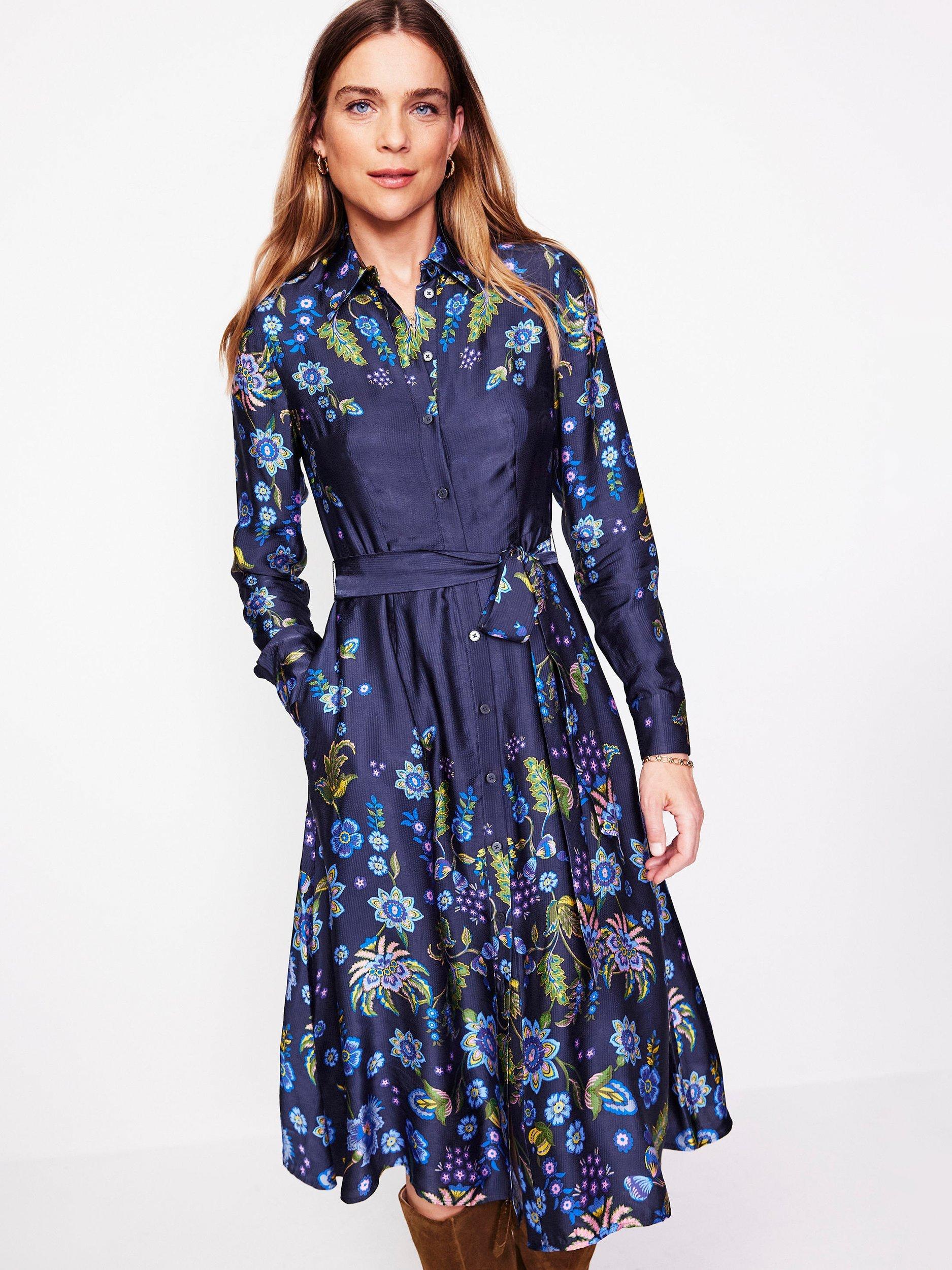 Boden Kate Satin Shirt Dress, Blue/Multi