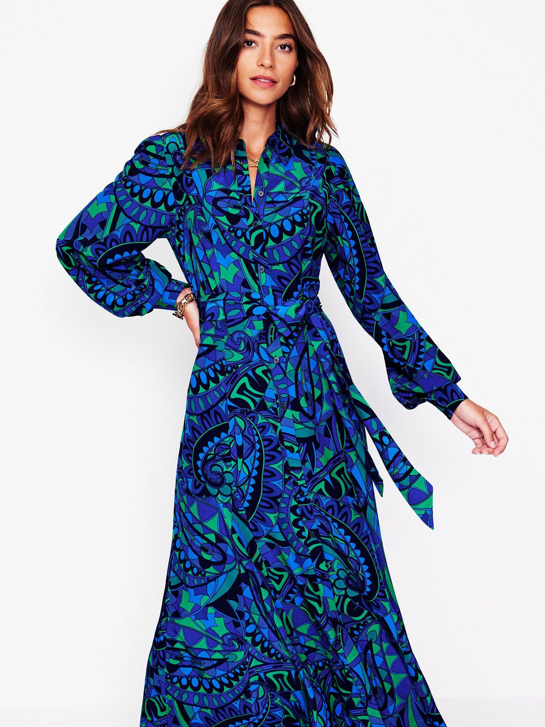 Boden Martha Paisley Godet Maxi Shirt Dress, Blue/Multi