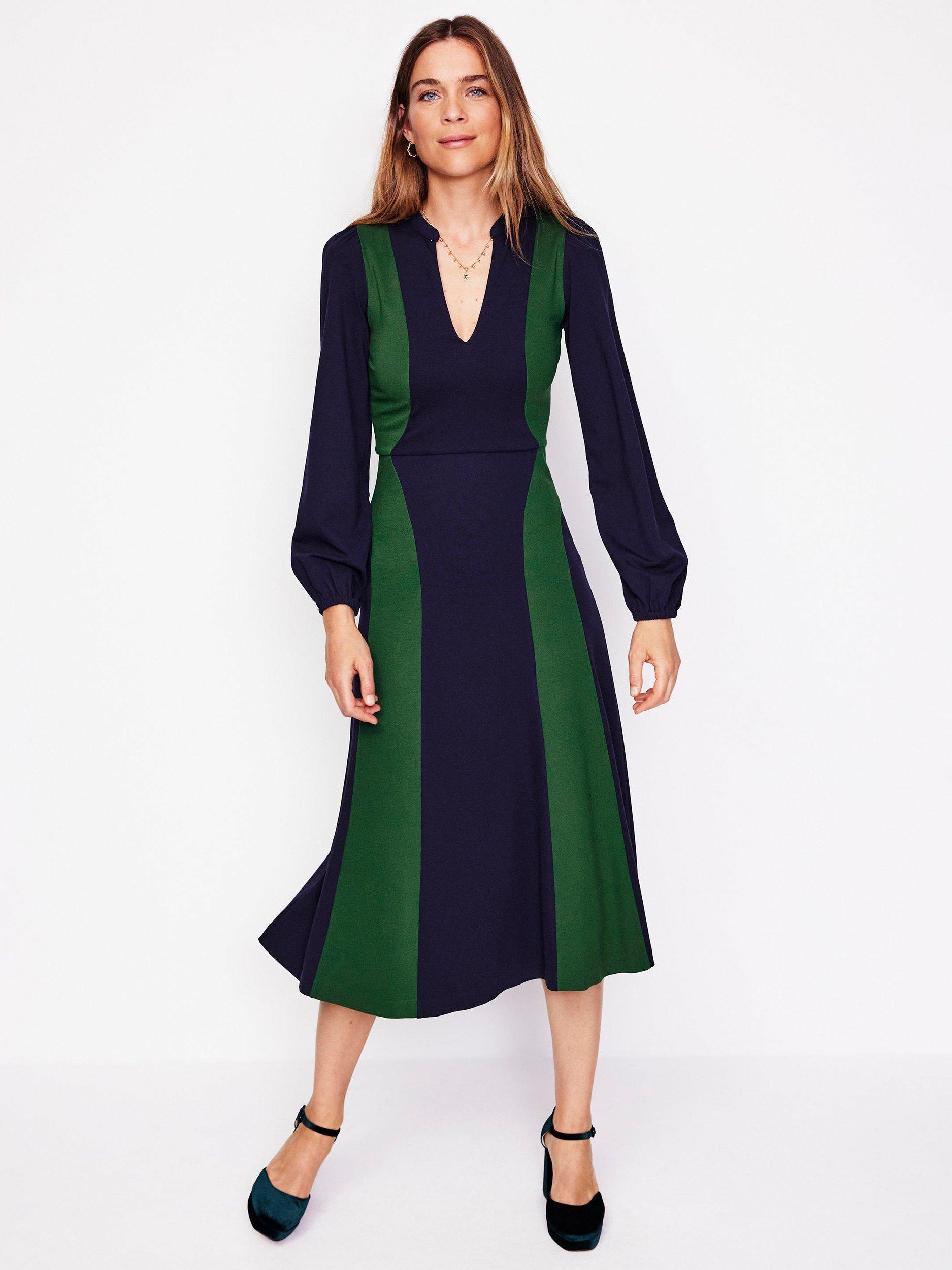 Boden Colour Block Notch Abstract Ponte Dress, Navy/Glade