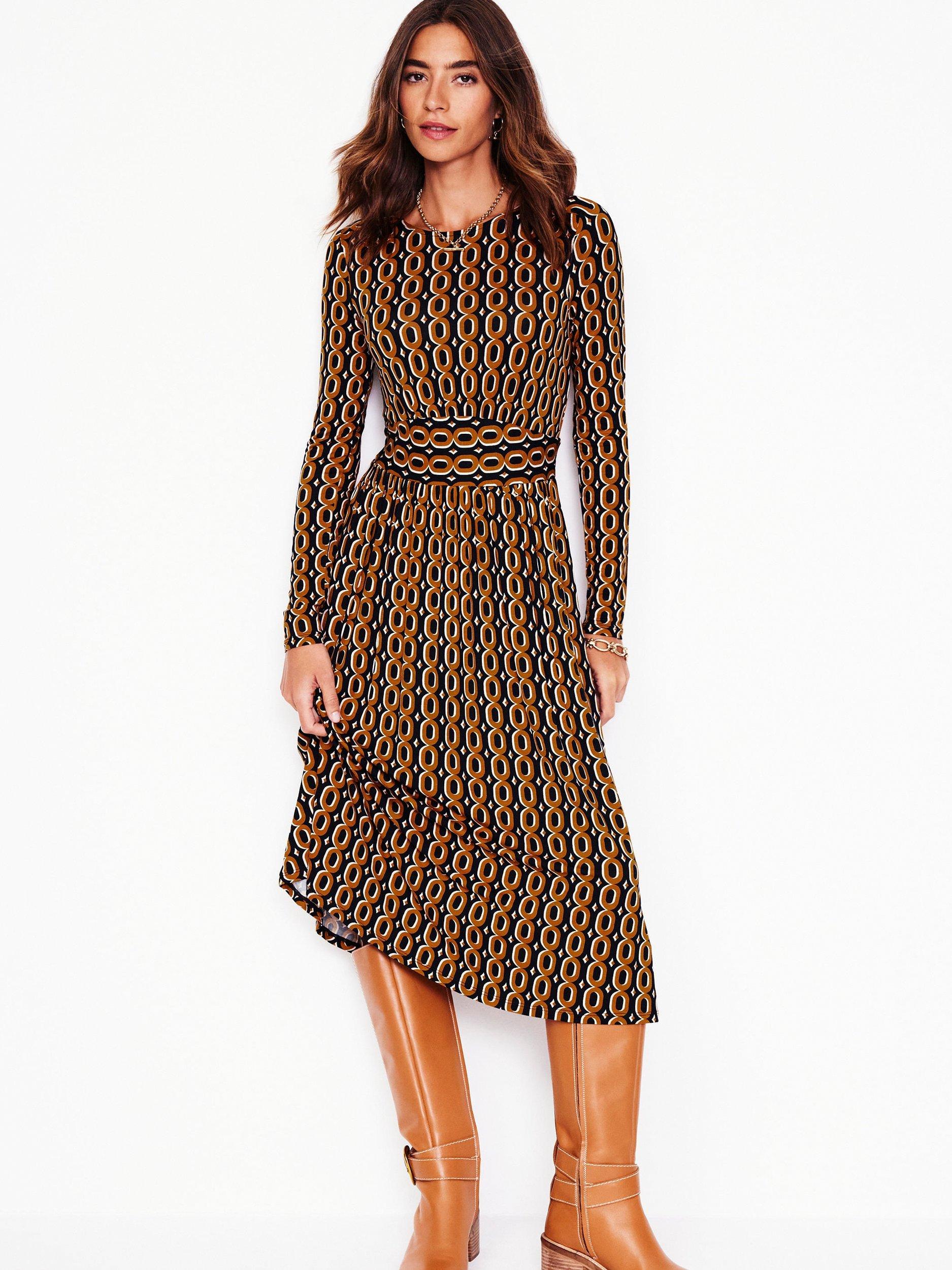 Boden Thea Geometric Jersey Dress, Ochre/Multi