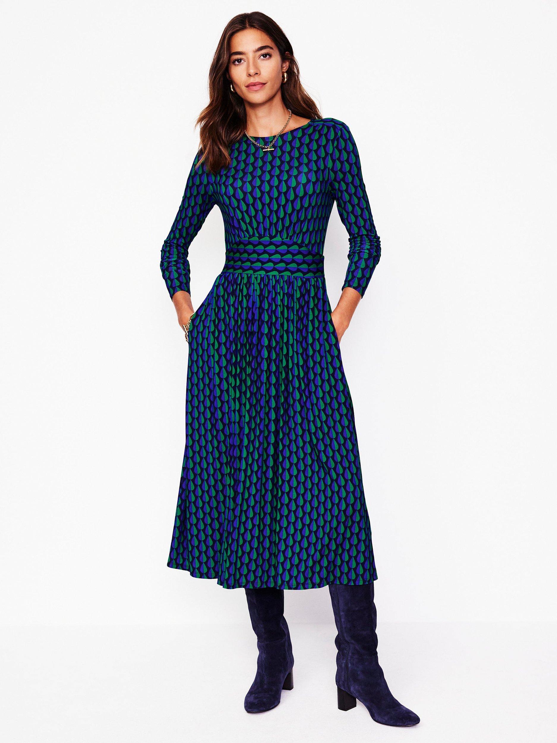 Boden Thea Geometric Long Sleeve Jersey Dress, Multi